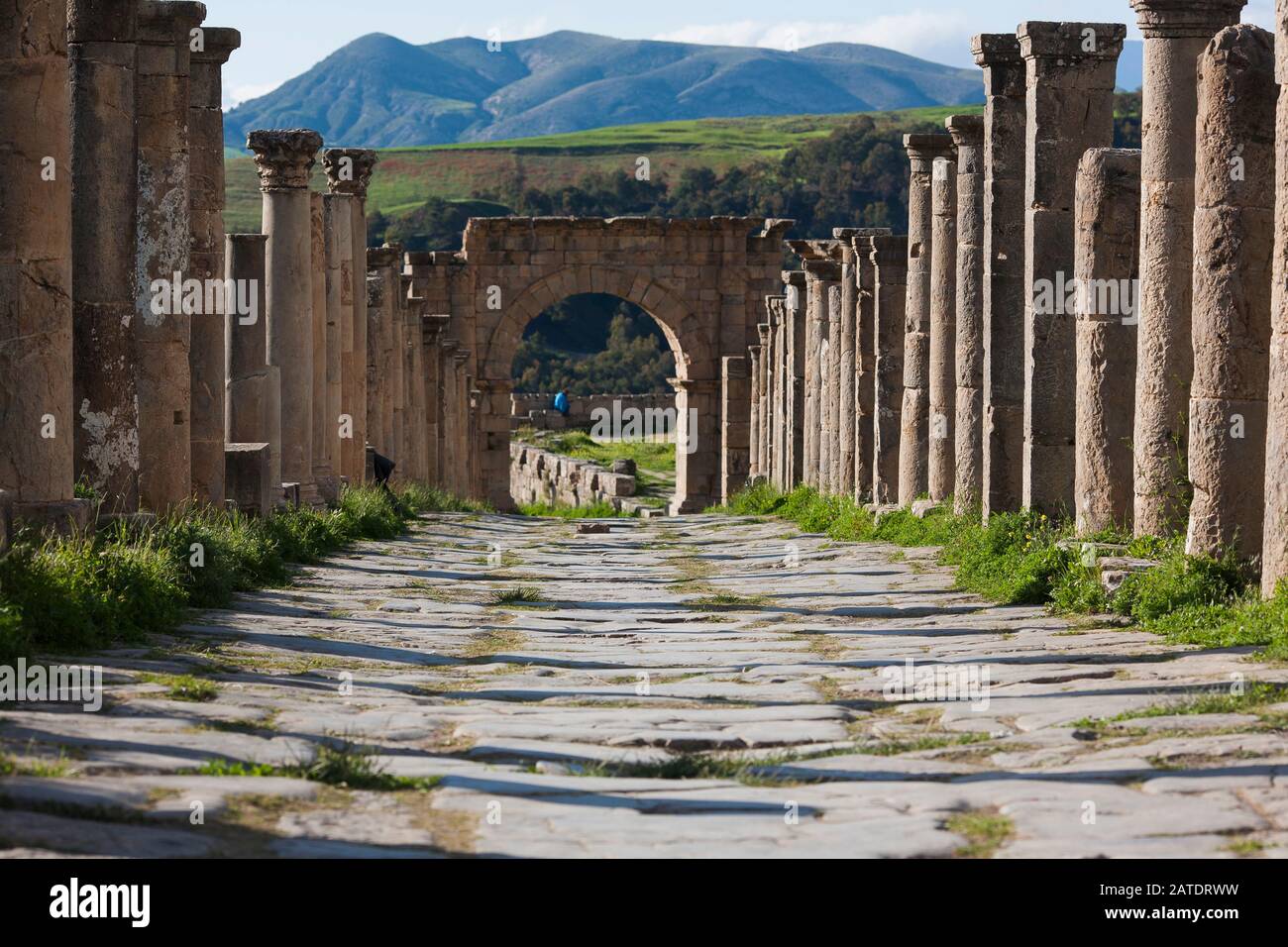 Vestiges du village de Cuicul dans les ruines romaines anciennes de Djemilla, site classé au patrimoine mondial de l'UNESCO dans le nord de l'Algérie. Banque D'Images