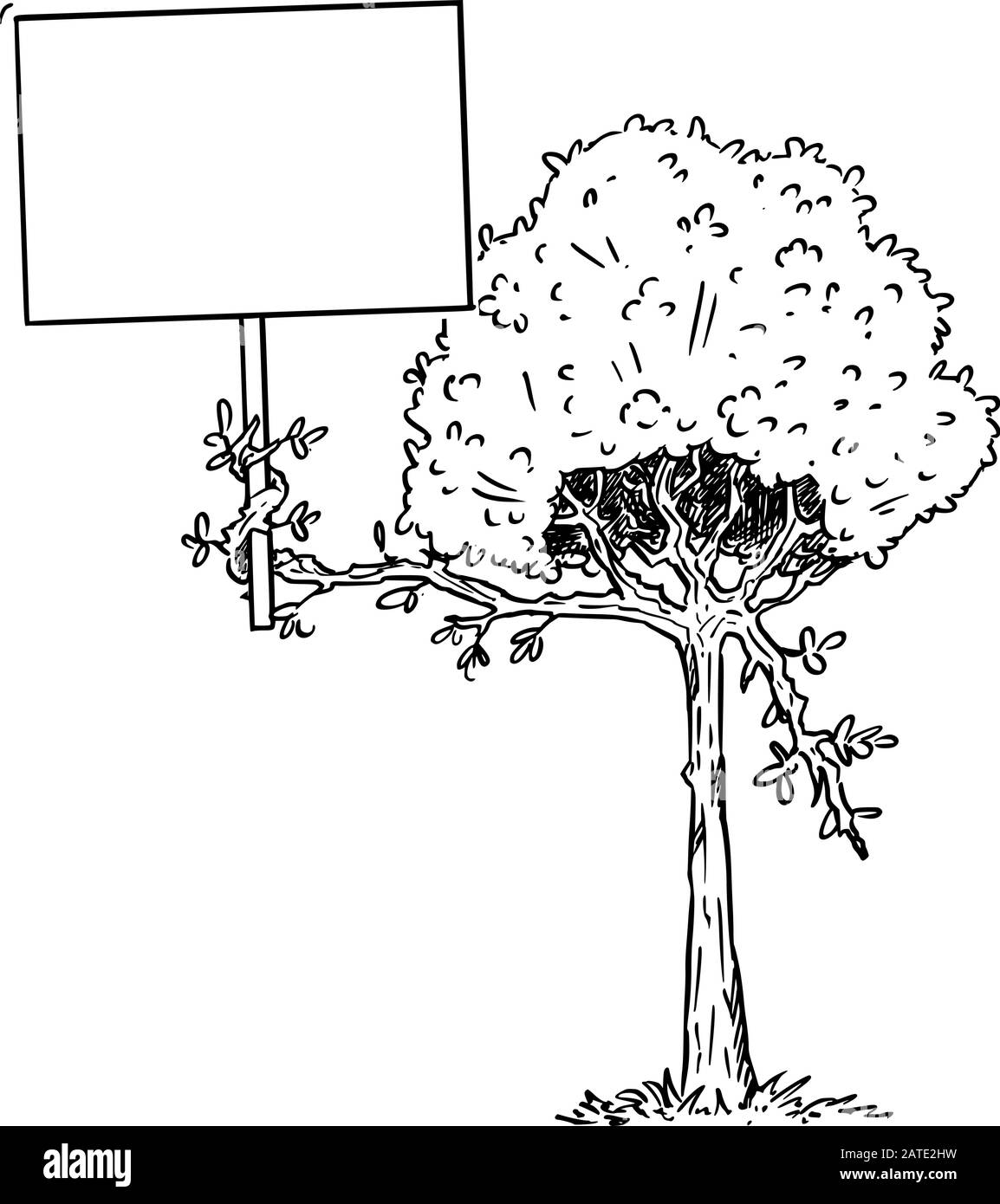 Illustration vectorielle du personnage de plante d'arbre à fleurs de dessin animé tenant le signe vide dans la branche avec les feuilles. Publicité écologique ou de nature ou conception marketing. Illustration de Vecteur