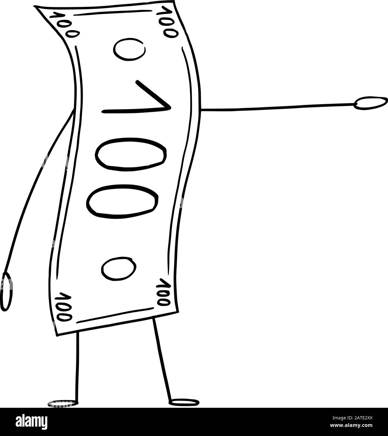 Illustration vectorielle du caractère de billet de caricature ou de facture de monnaie montrant ou pointant quelque chose à la main. Publicité ou marketing économique ou financier. Illustration de Vecteur