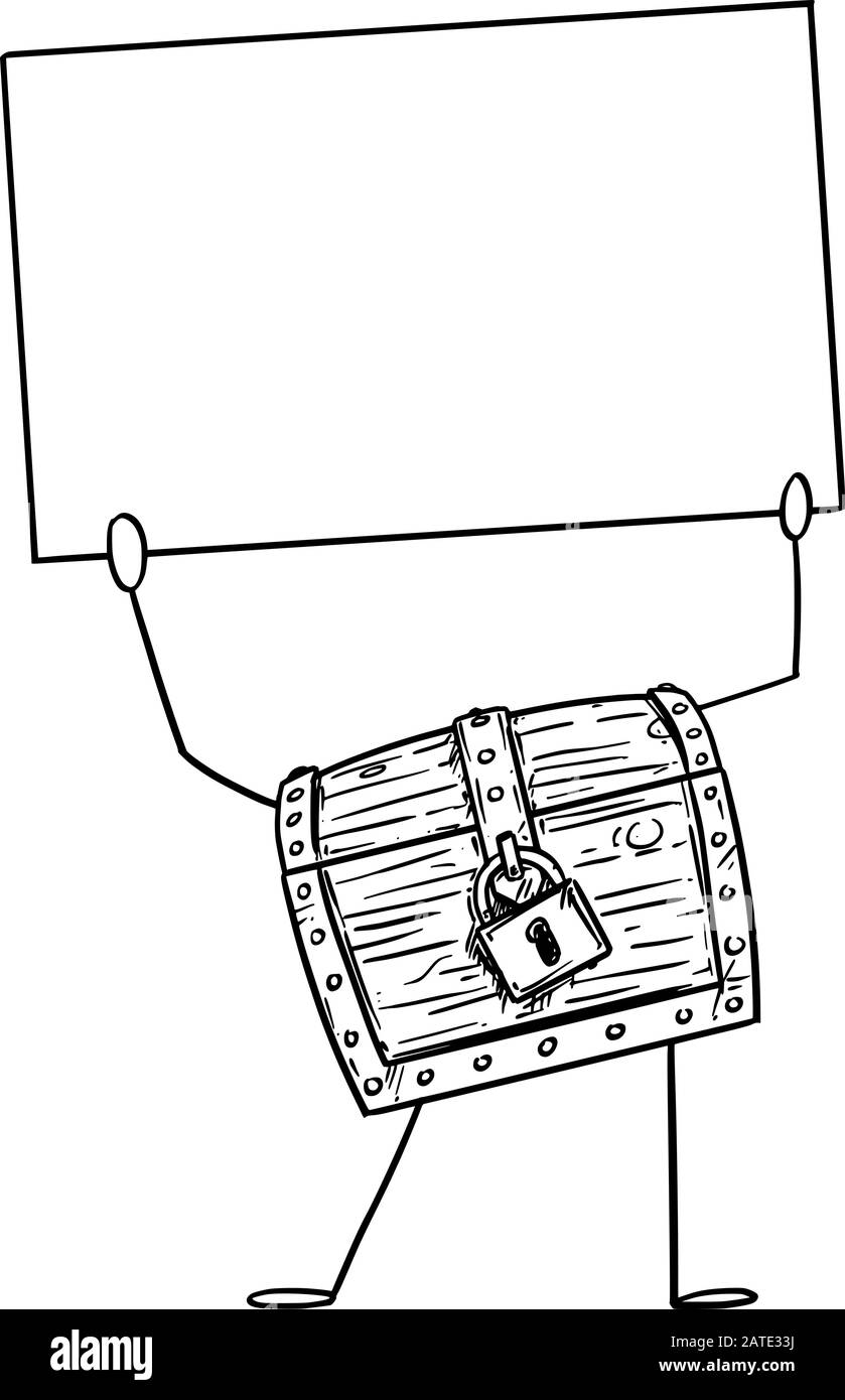 Illustration vectorielle d'un personnage de coffre de pirate de Trésor verrouillé contenant un signe vide dans la main. Publicité ou marketing économique ou financier. Illustration de Vecteur