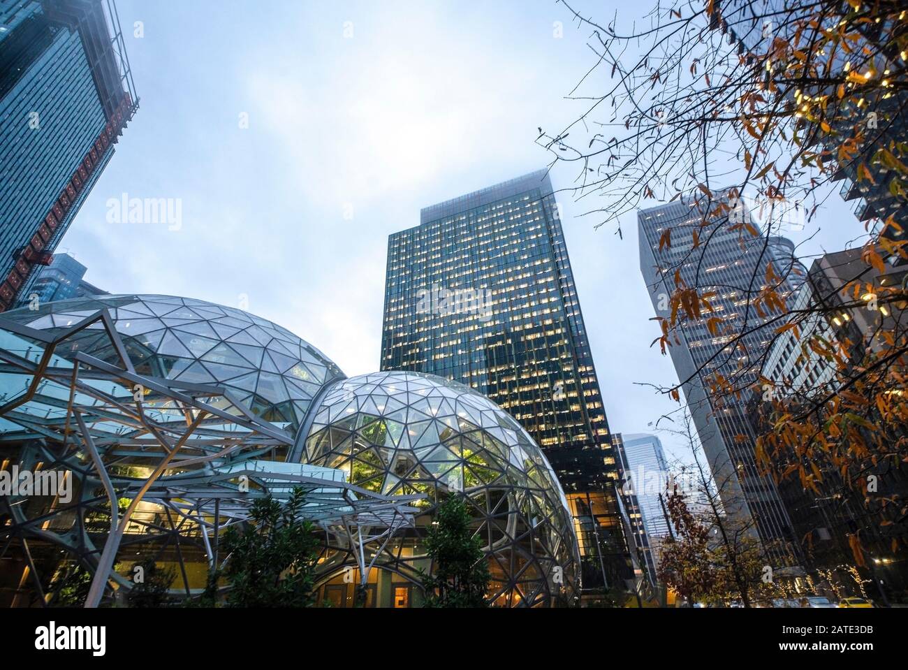 01/22/2018 : vue de l'Amazonie Les Sphères de son siège et tour de bureaux de Seattle WA USA Banque D'Images