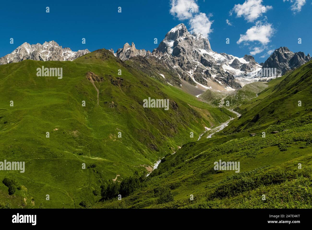 Caucase paysage d'été. Vue vers le sommet de l'ofMt. Ushba, l'une des montagnes les plus meurtrières de la région de Svaneti en Géorgie Banque D'Images