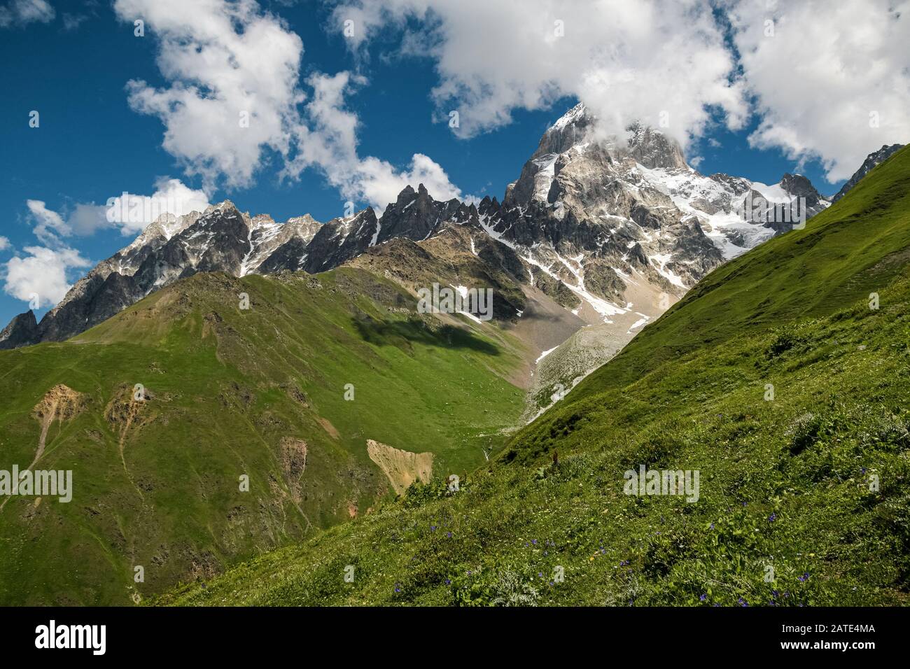 Caucase paysage d'été. Vue vers le sommet de l'ofMt. Ushba, l'une des montagnes les plus meurtrières de la région de Svaneti en Géorgie Banque D'Images