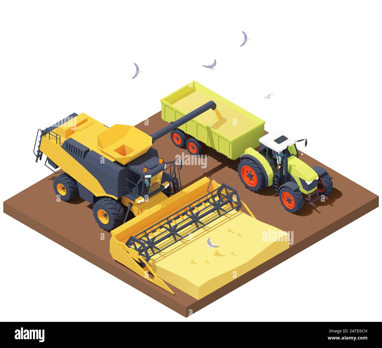 Moissonneuse-batteuse isométrique Vector et tracteur au moment de la récolte Illustration de Vecteur