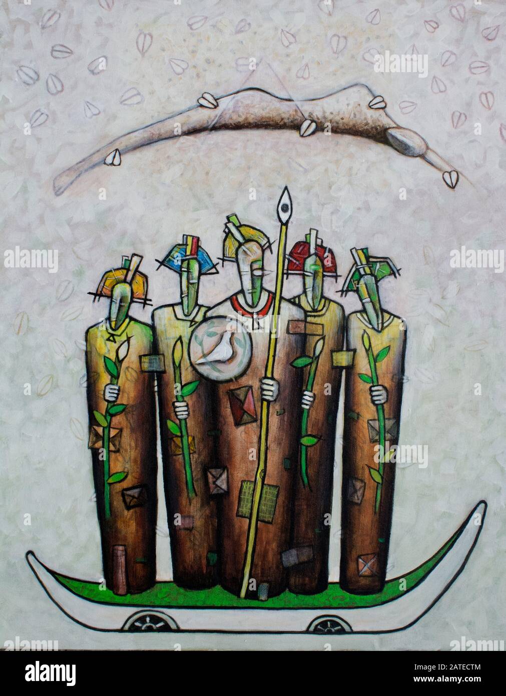 L'Âme Du Guerrier. Peinture spirituelle avec motifs tribaux et ethniques. Guerriers avec des lances en bateau symbolique Banque D'Images