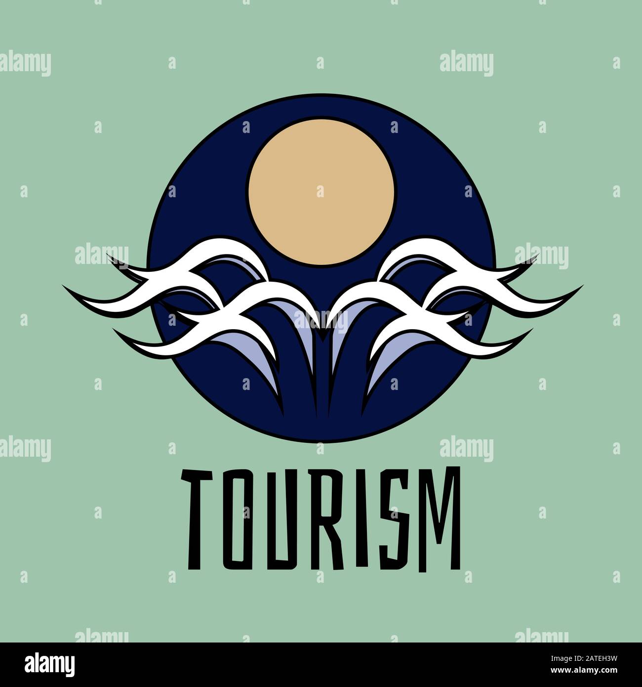 Logo touristique ou icône avec des vagues de mer et le soleil Illustration de Vecteur