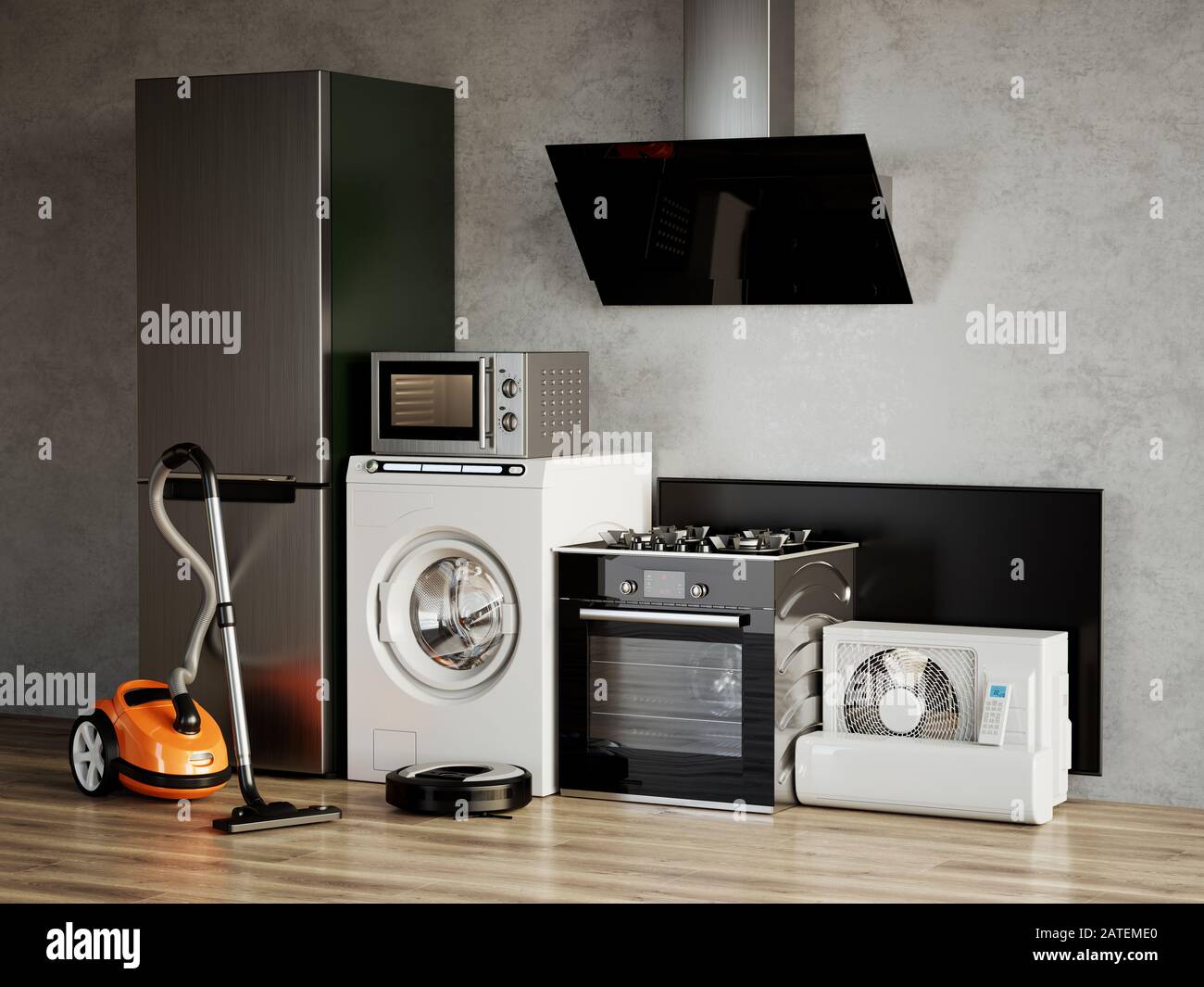 Appareils électroménagers. Réfrigérateur, lave-linge, four à micro-ondes,  congélateur, aspirateur, cuisinière à gaz, Smart TV, hotte, aspirateur  robotisé. rendu tridimensionnel Photo Stock - Alamy