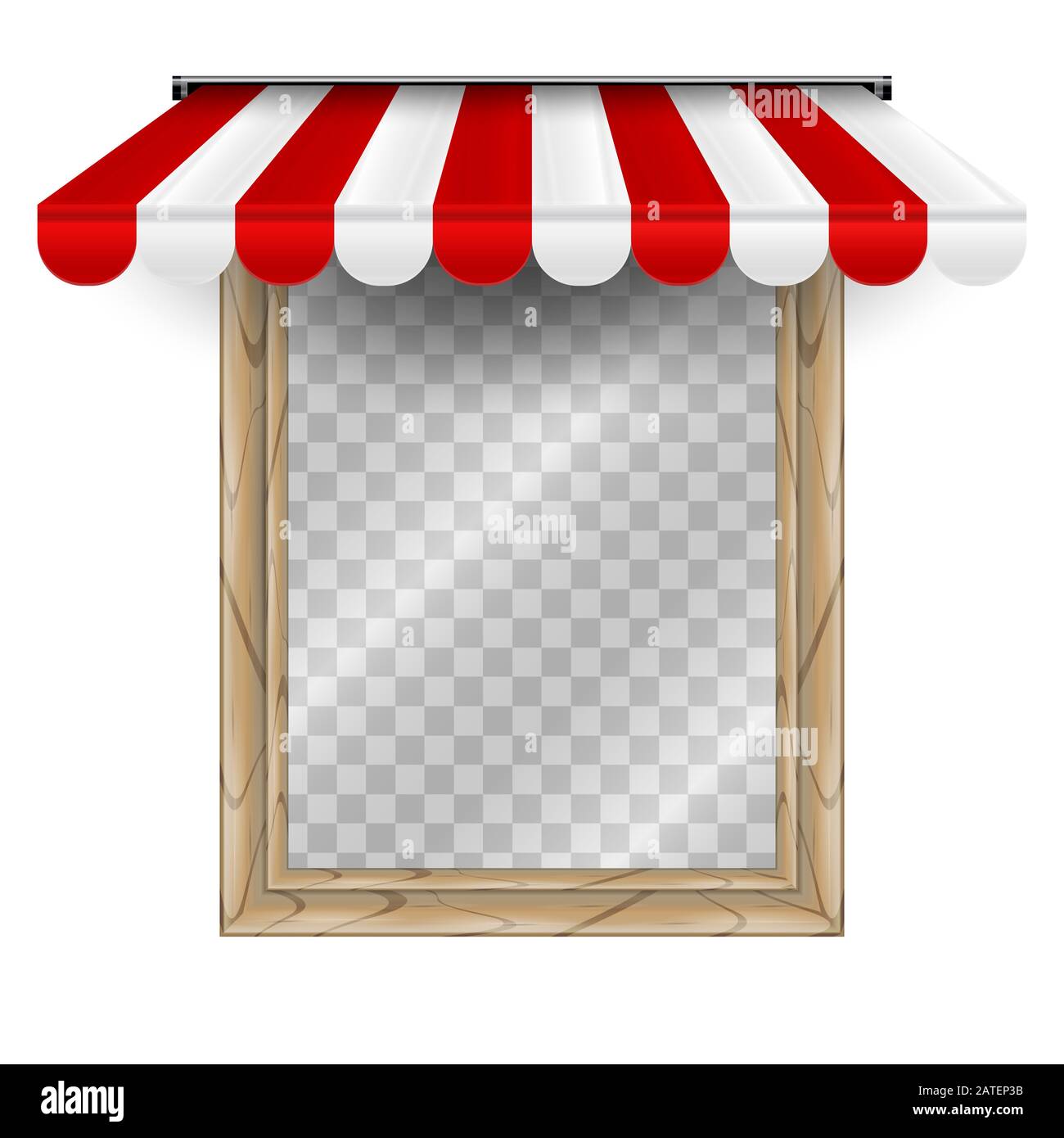 Auvent rayé droit au-dessus de la fenêtre. Illustration. Fenêtre en bois avec arrière-plan derrière le verre. Cadre de fenêtre en bois unique. Banque D'Images
