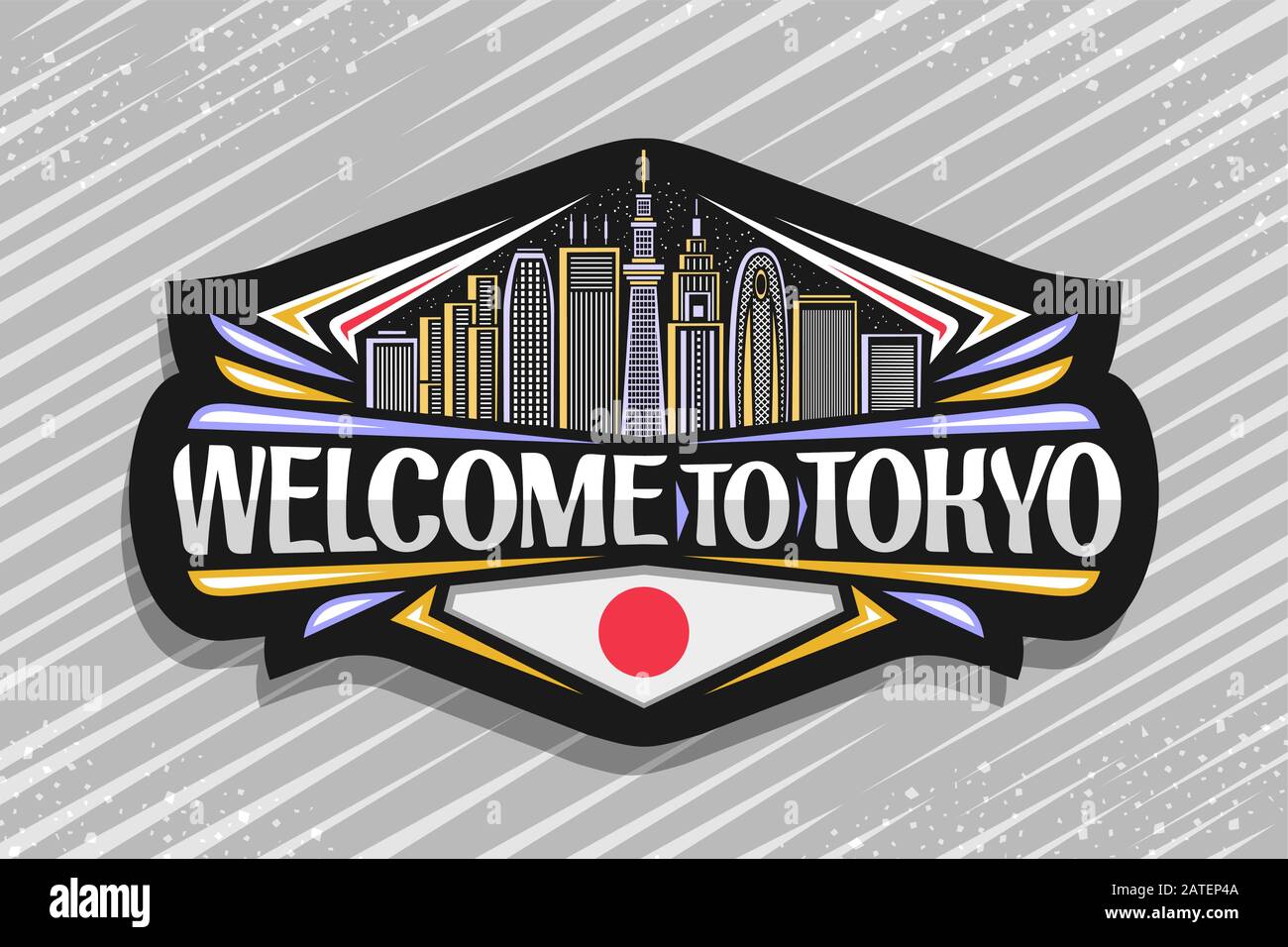 Logo vectoriel pour Tokyo, signalisation décorative sombre avec illustration du paysage urbain moderne de tokyo sur fond ciel nocturne, aimant de réfrigérateur touristique avec Illustration de Vecteur