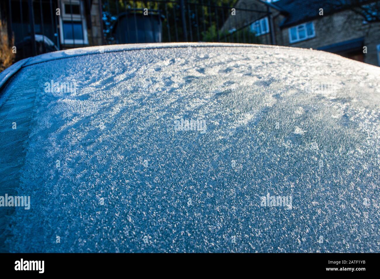 Cristaux de glace du givre apparaissant comme « fourrure » ou « herbe » sur le pare-brise d'une voiture lors d'un matin d'hiver froid Banque D'Images