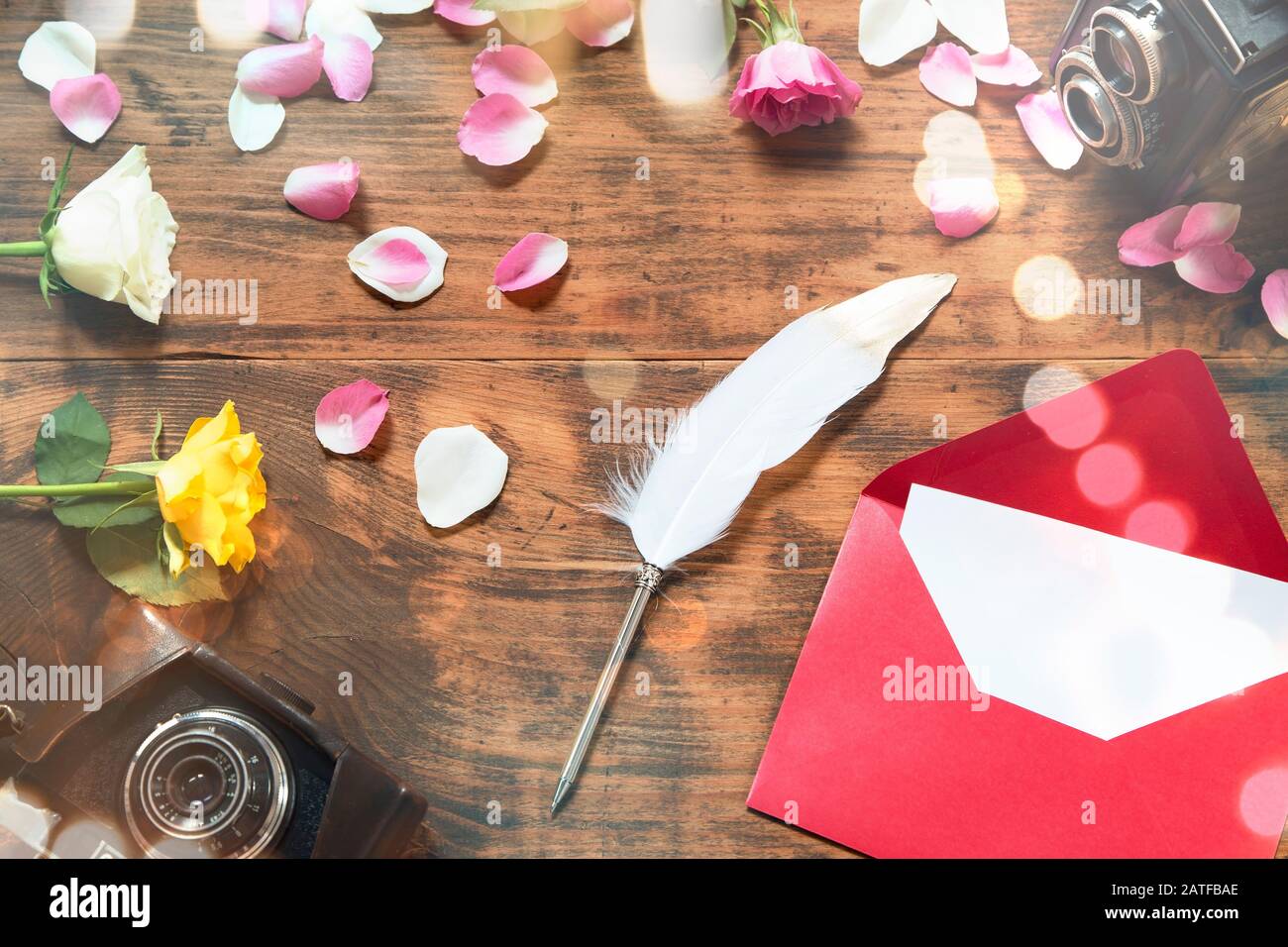 Lettre d'amour avec des roses et des appareils photo vintage Banque D'Images