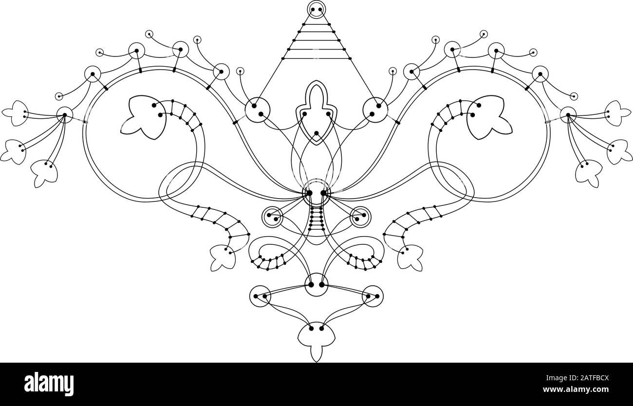 Décoration vectorielle à partir d'un bouton relié par des fils similaires à un vaisseau spatial ou à un oiseau. Isolé sur fond blanc. Dessin pour tatouage, affiches Illustration de Vecteur