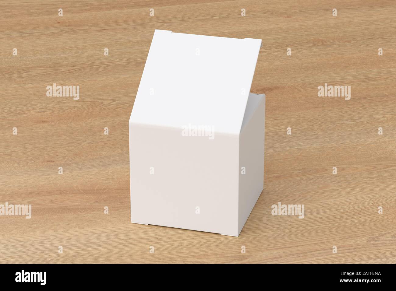 Boîte-cadeau blanche blanche vierge avec couvercle à rabat ouvert sur fond en bois. Chemin de détourage autour de la maquette de boîte Banque D'Images
