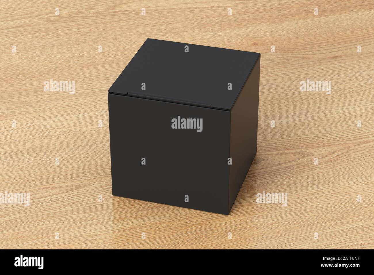 Boîte cadeau cube noir vierge avec couvercle à rabat fermé sur fond en bois. Chemin de détourage autour de la maquette de boîte Banque D'Images