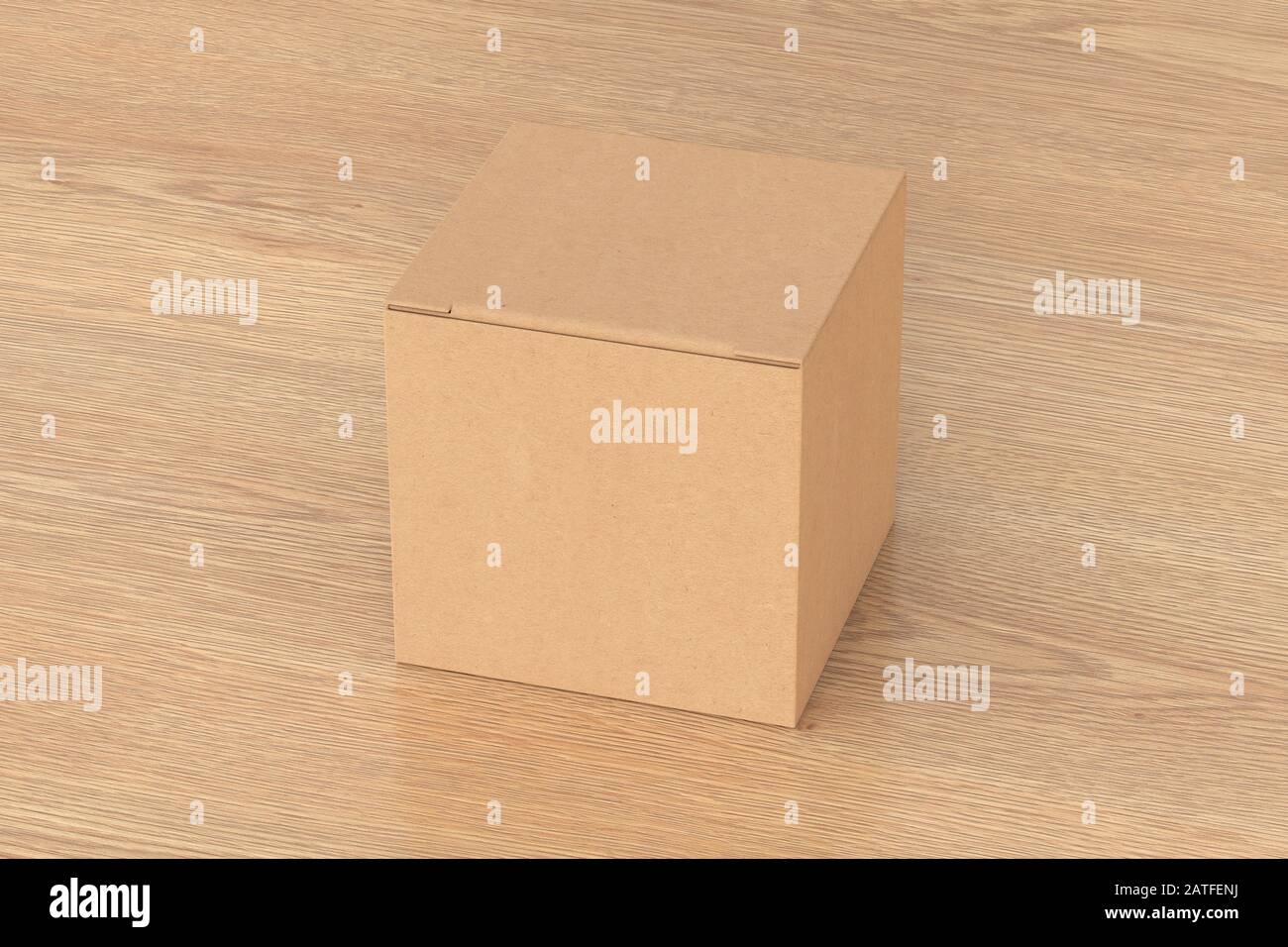 Boîte cadeau cube en carton vierge avec couvercle à rabat fermé sur fond en bois. Chemin de détourage autour de la maquette de boîte Banque D'Images