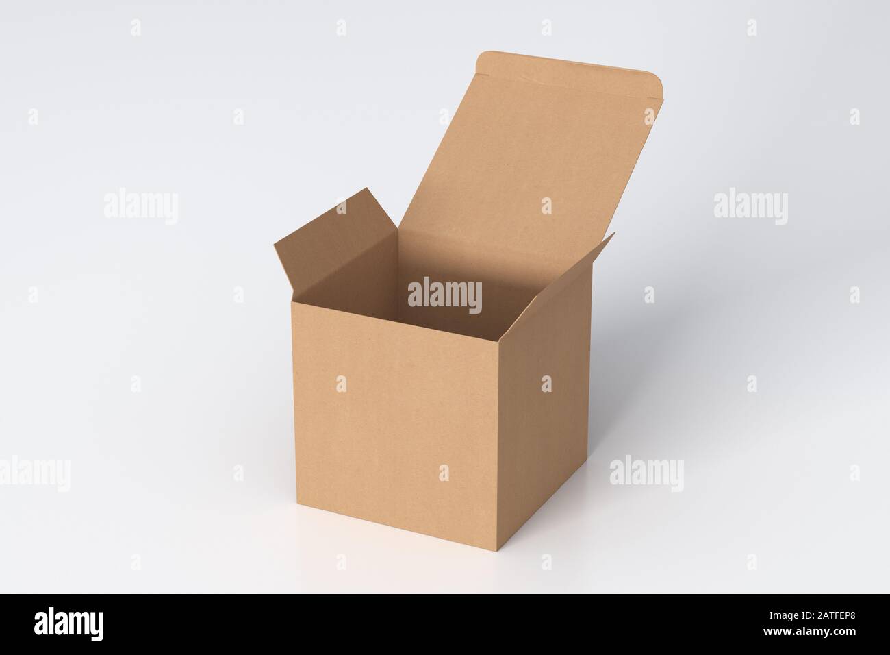 Boîte cadeau cube en carton vierge avec couvercle à rabat ouvert sur fond blanc. Chemin de détourage autour de la maquette de boîte Banque D'Images
