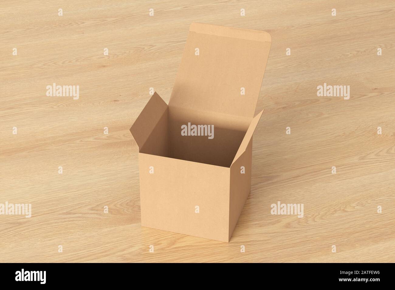 Boîte cadeau cube en carton vierge avec couvercle à rabat articulé ouvert sur fond en bois. Chemin de détourage autour de la maquette de boîte Banque D'Images