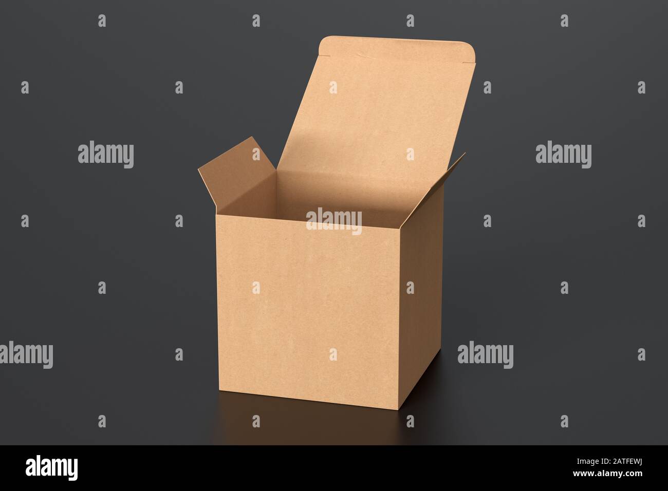 Boîte cadeau cube en carton vierge avec couvercle à rabat ouvert sur fond noir. Chemin de détourage autour de la maquette de boîte Banque D'Images