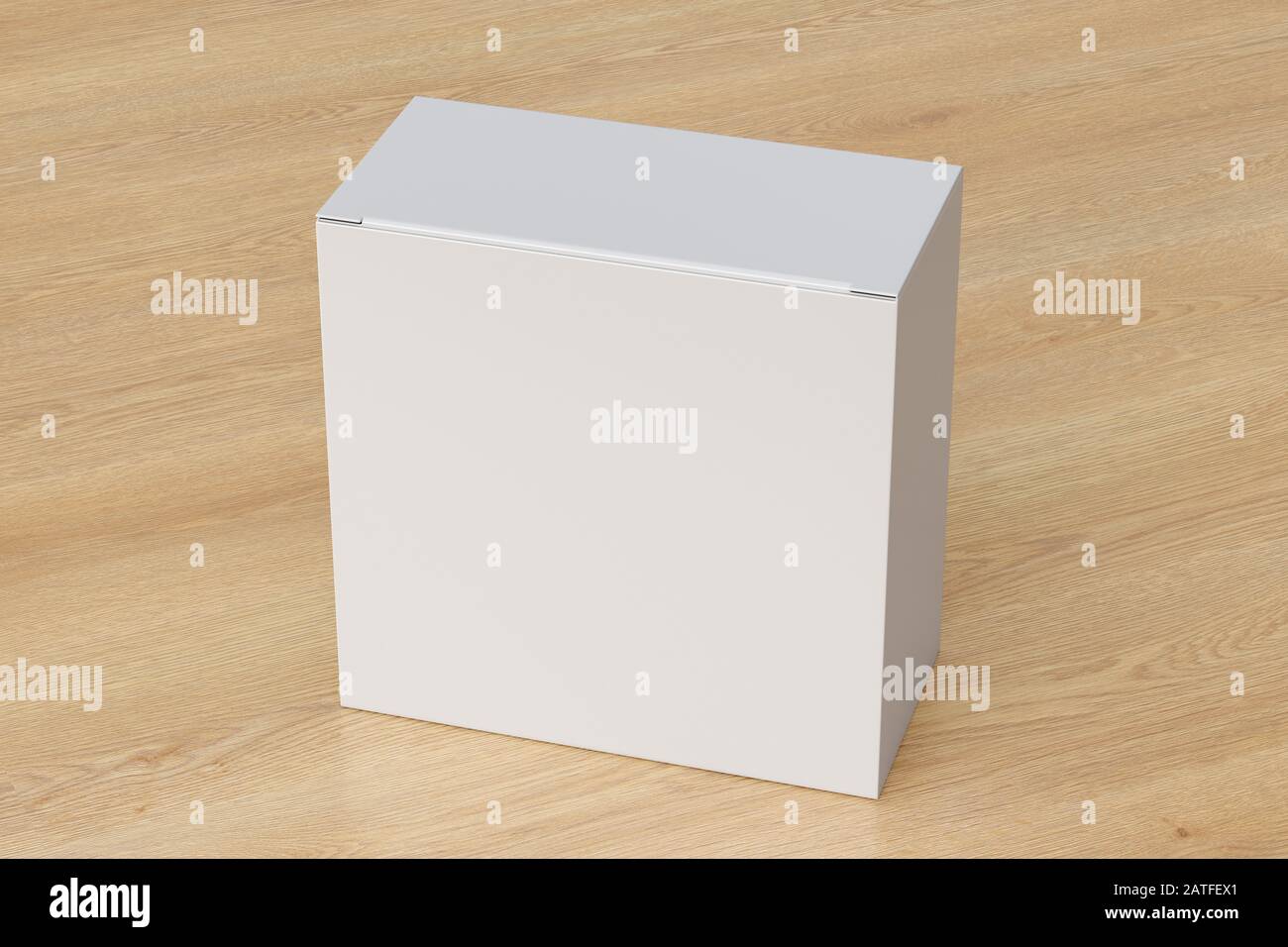 Boîte carrée large blanche vierge avec couvercle à rabat fermé sur fond en bois. Chemin de détourage autour de la maquette de boîte Banque D'Images
