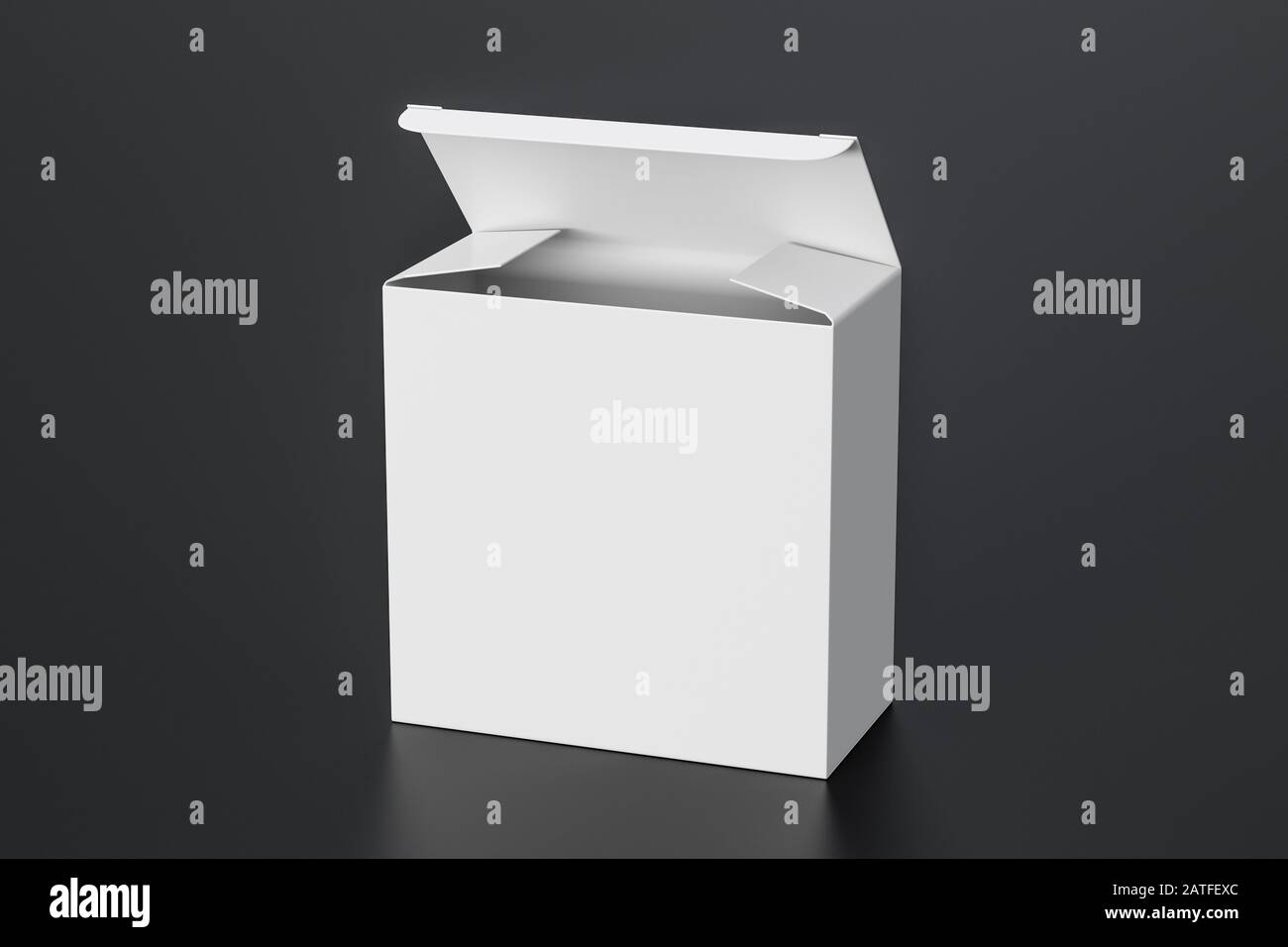 Boîte carrée large blanche vierge avec couvercle à rabat ouvert sur fond noir. Chemin de détourage autour de la maquette de boîte Banque D'Images