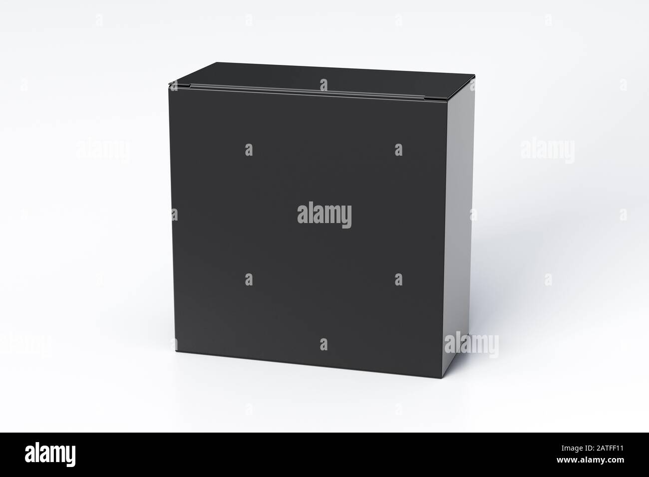 Boîte carrée large noire vierge avec couvercle à rabat fermé sur fond blanc. Chemin de détourage autour de la maquette de boîte Banque D'Images