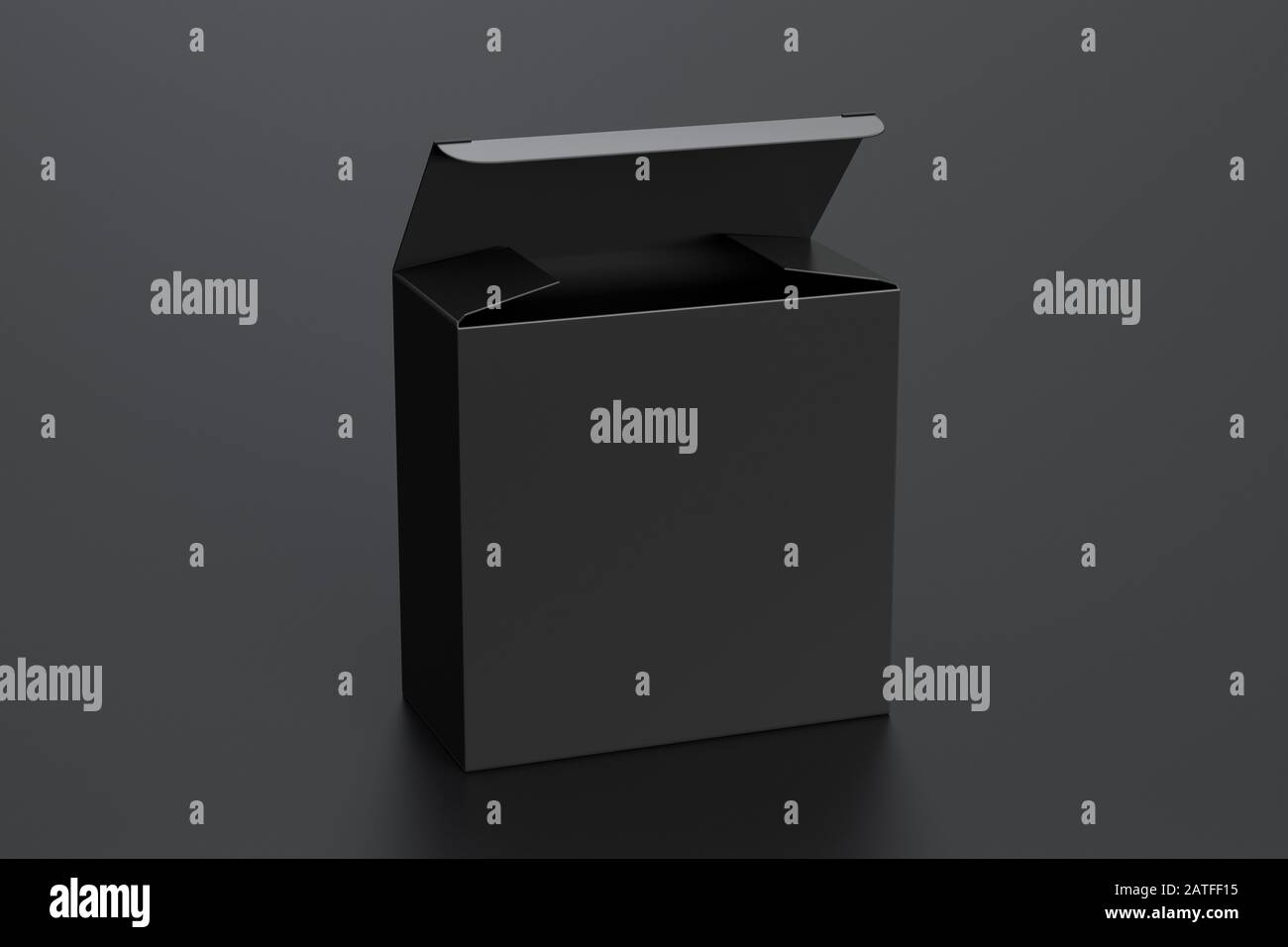 Boîte carrée large noire vierge avec couvercle à rabat ouvert sur fond noir. Chemin de détourage autour de la maquette de boîte Banque D'Images