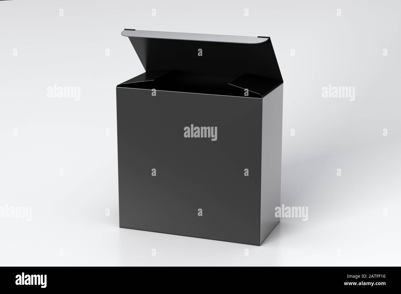 Boîte carrée large noire vierge avec couvercle à rabat ouvert sur fond blanc. Chemin de détourage autour de la maquette de boîte Banque D'Images