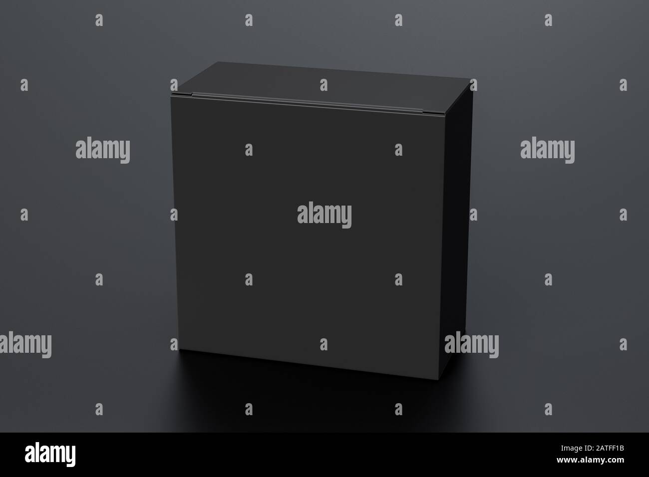 Boîte carrée large noire vierge avec couvercle à rabat fermé sur fond noir. Chemin de détourage autour de la maquette de boîte Banque D'Images