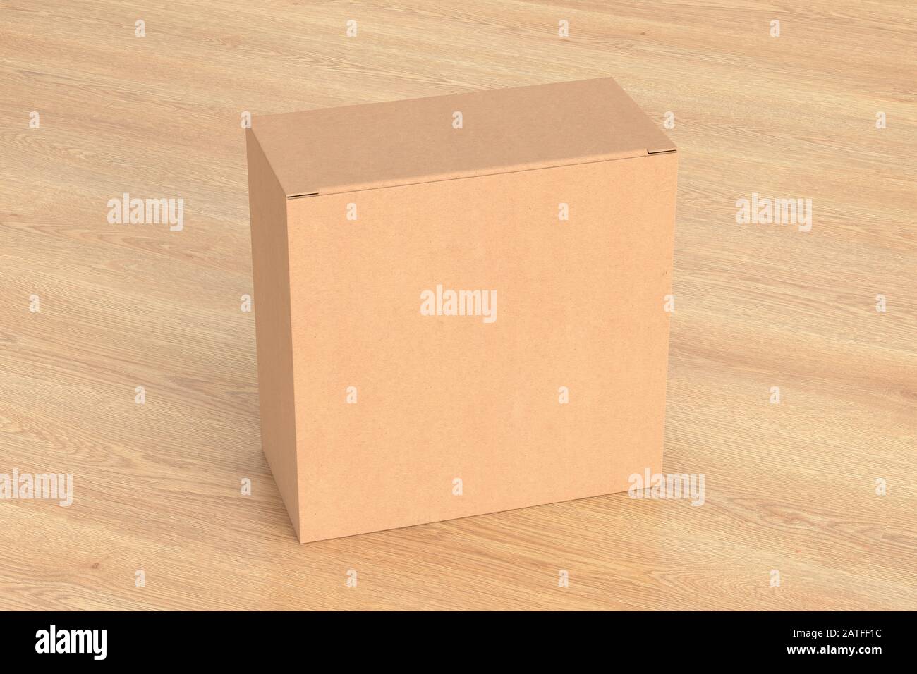 Boîte carrée large en carton vierge avec couvercle rabattable fermé sur fond en bois. Chemin de détourage autour de la maquette de boîte Banque D'Images