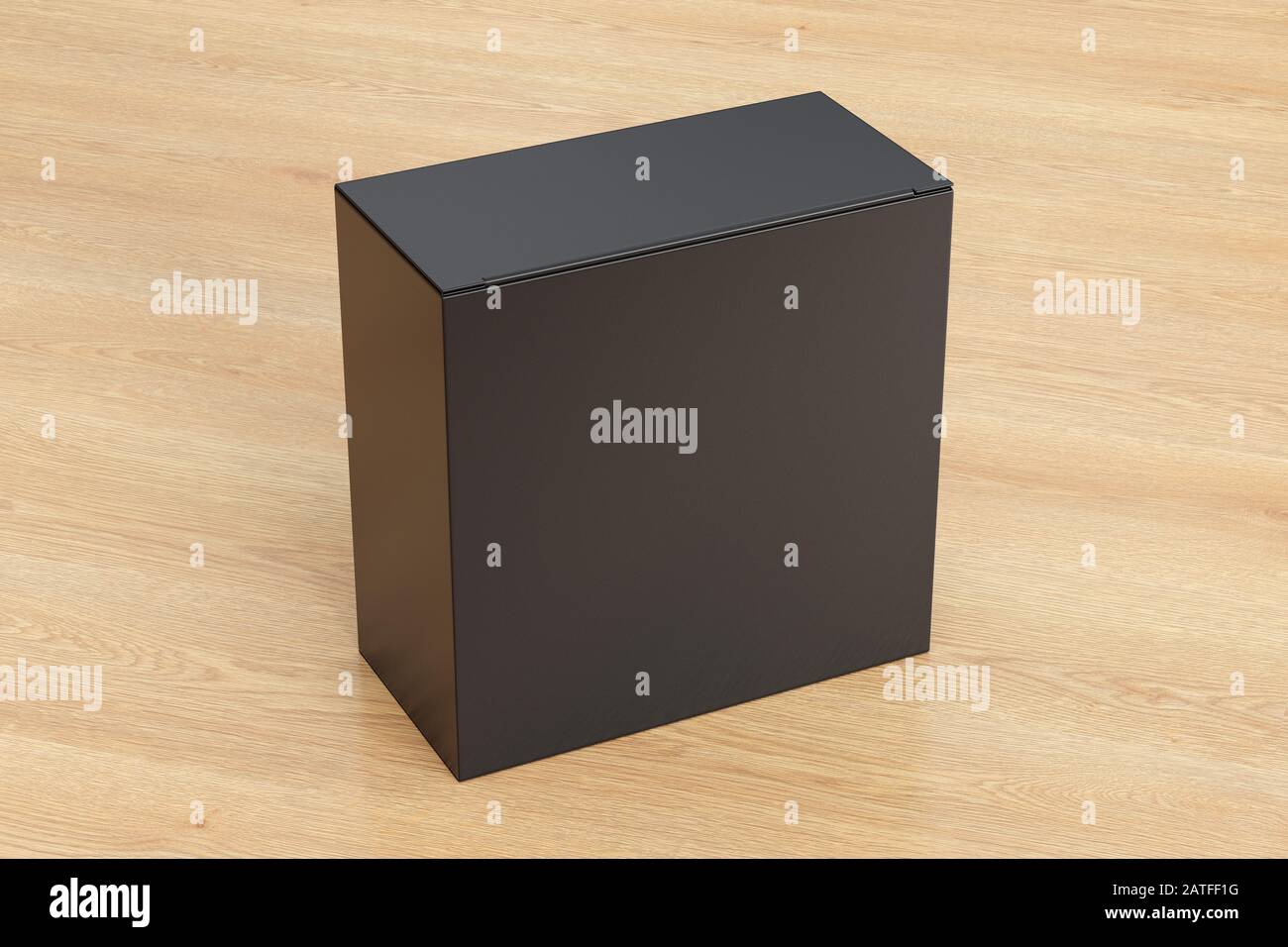 Boîte carrée large noire vierge avec couvercle à rabat fermé sur fond en bois. Chemin de détourage autour de la maquette de boîte Banque D'Images