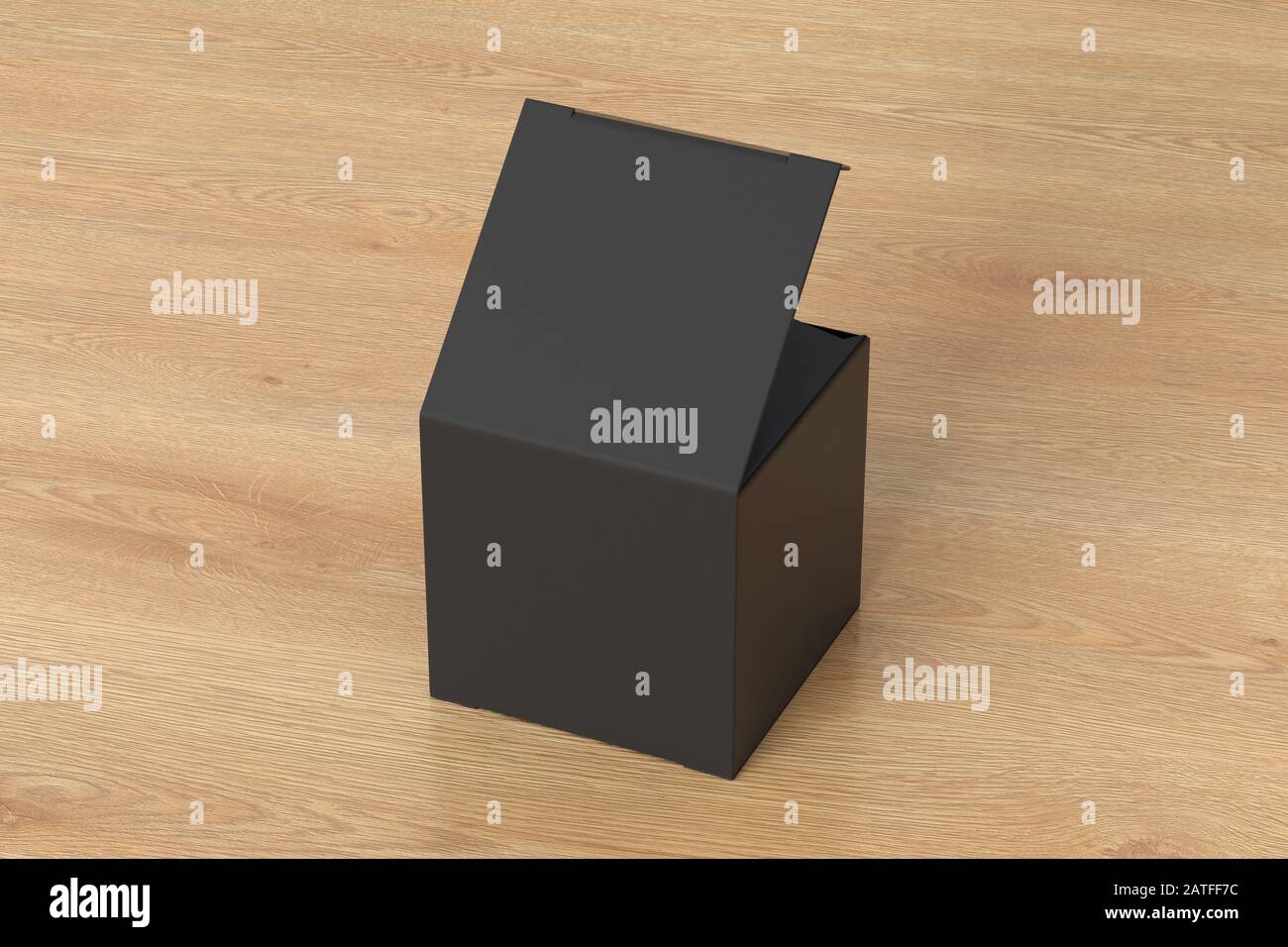 Boîte cadeau cube noir vierge avec couvercle à rabat ouvert sur fond en bois. Chemin de détourage autour de la maquette de boîte Banque D'Images
