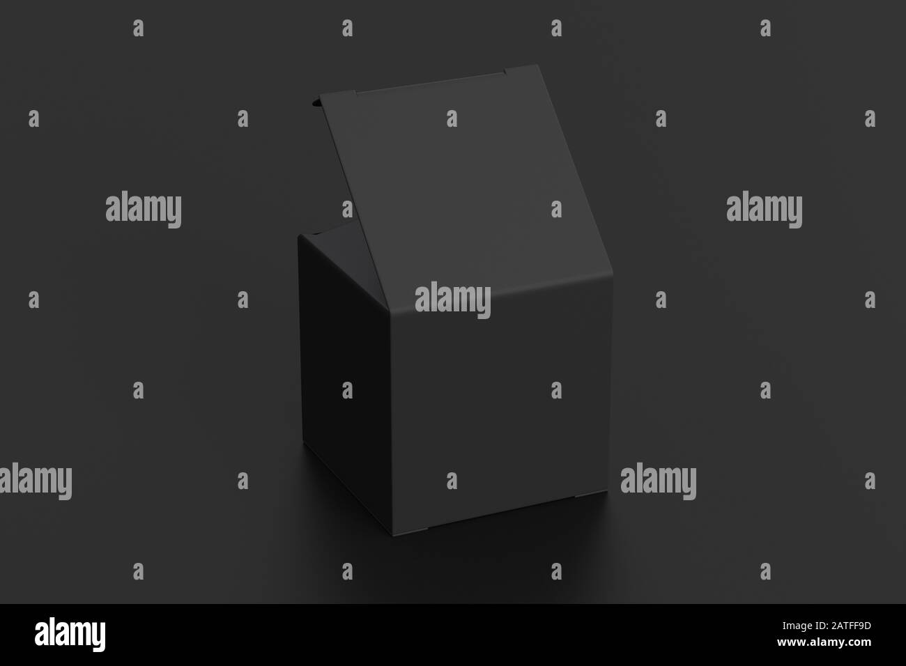 Boîte cadeau cube noire vierge avec couvercle à rabat ouvert sur fond noir. Chemin de détourage autour de la maquette de boîte Banque D'Images