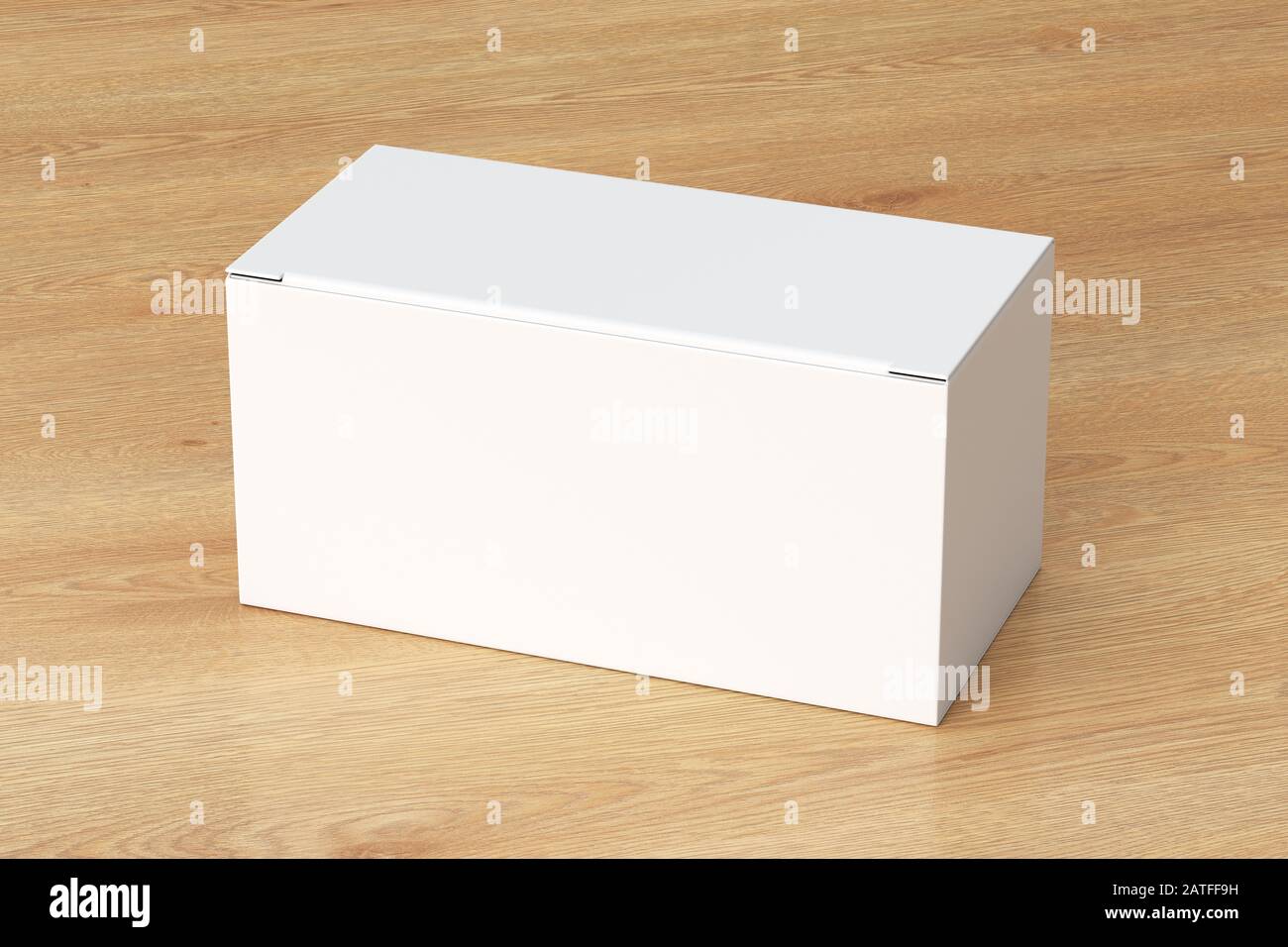 Boîte large blanche vierge avec couvercle rabattable fermé sur fond en bois. Chemin de détourage autour de la maquette de boîte Banque D'Images
