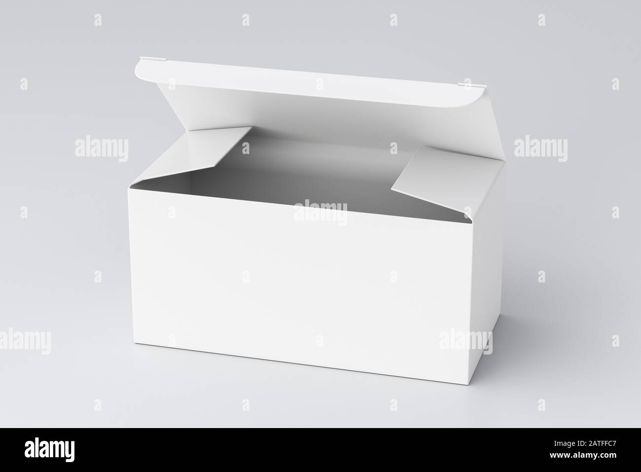 Boîte large blanche vierge avec couvercle à rabat ouvert sur fond blanc. Chemin de détourage autour de la maquette de boîte Banque D'Images