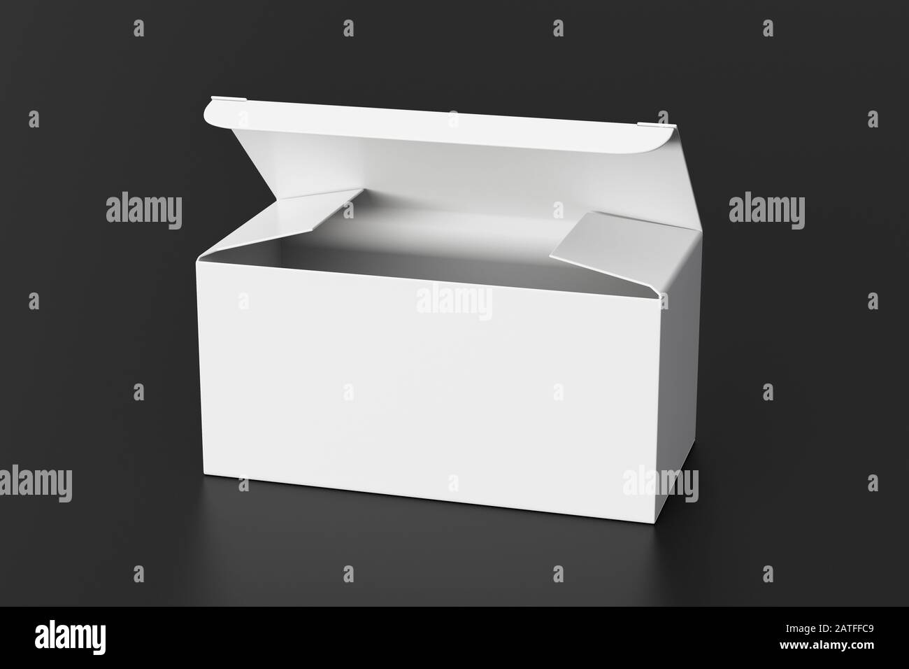 Boîte large blanche vierge avec couvercle à rabat ouvert sur fond noir. Chemin de détourage autour de la maquette de boîte Banque D'Images
