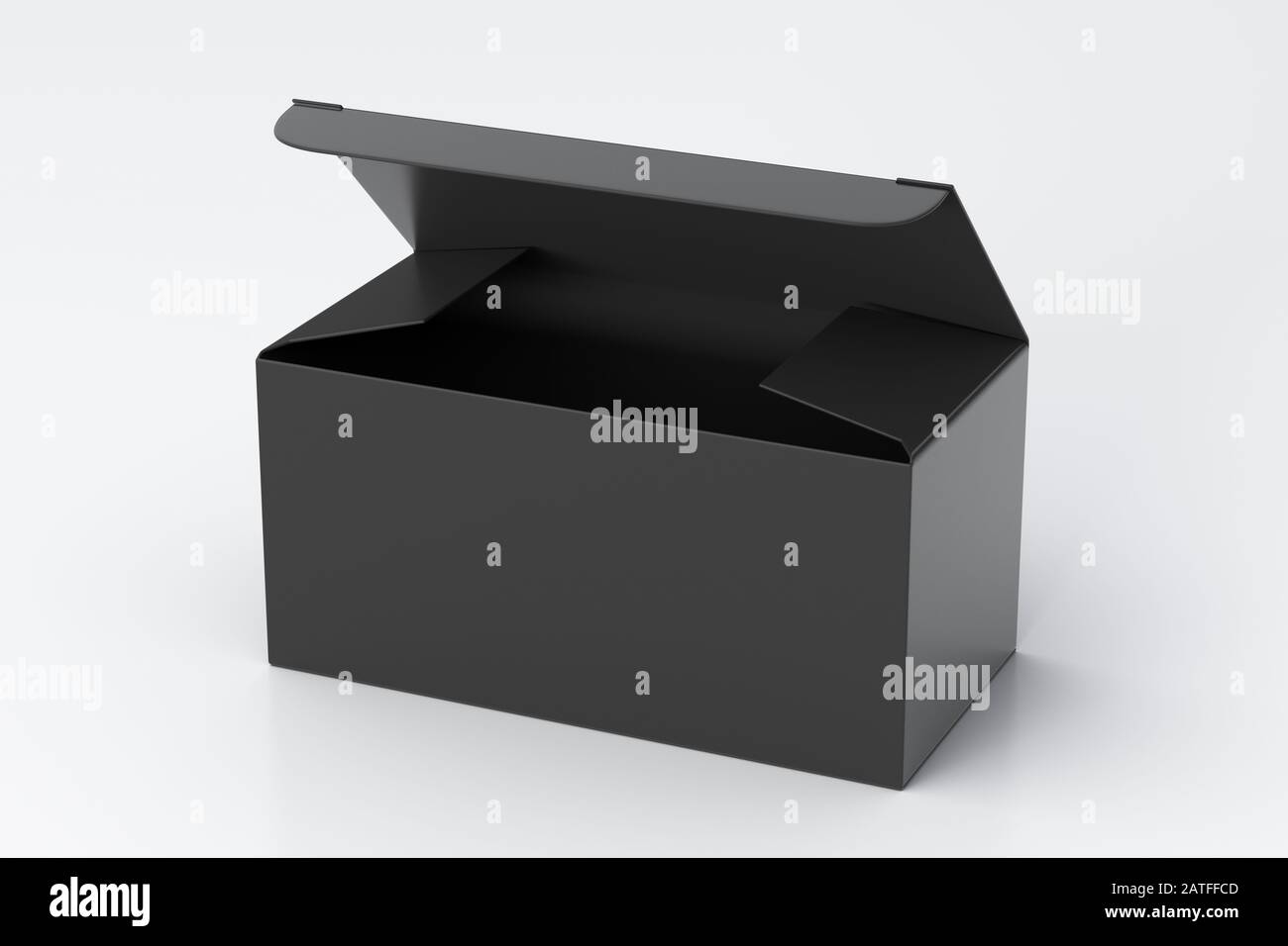 Boîte large noire vierge avec couvercle à rabat ouvert sur fond blanc. Chemin de détourage autour de la maquette de boîte Banque D'Images