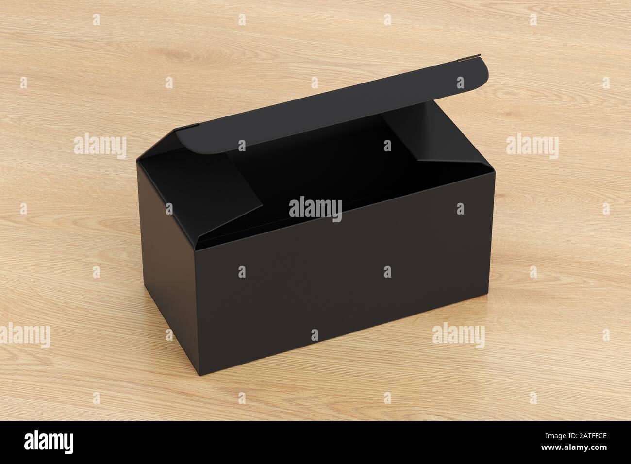 Boîte large noire vierge avec couvercle à rabat ouvert sur fond en bois. Chemin de détourage autour de la maquette de boîte Banque D'Images