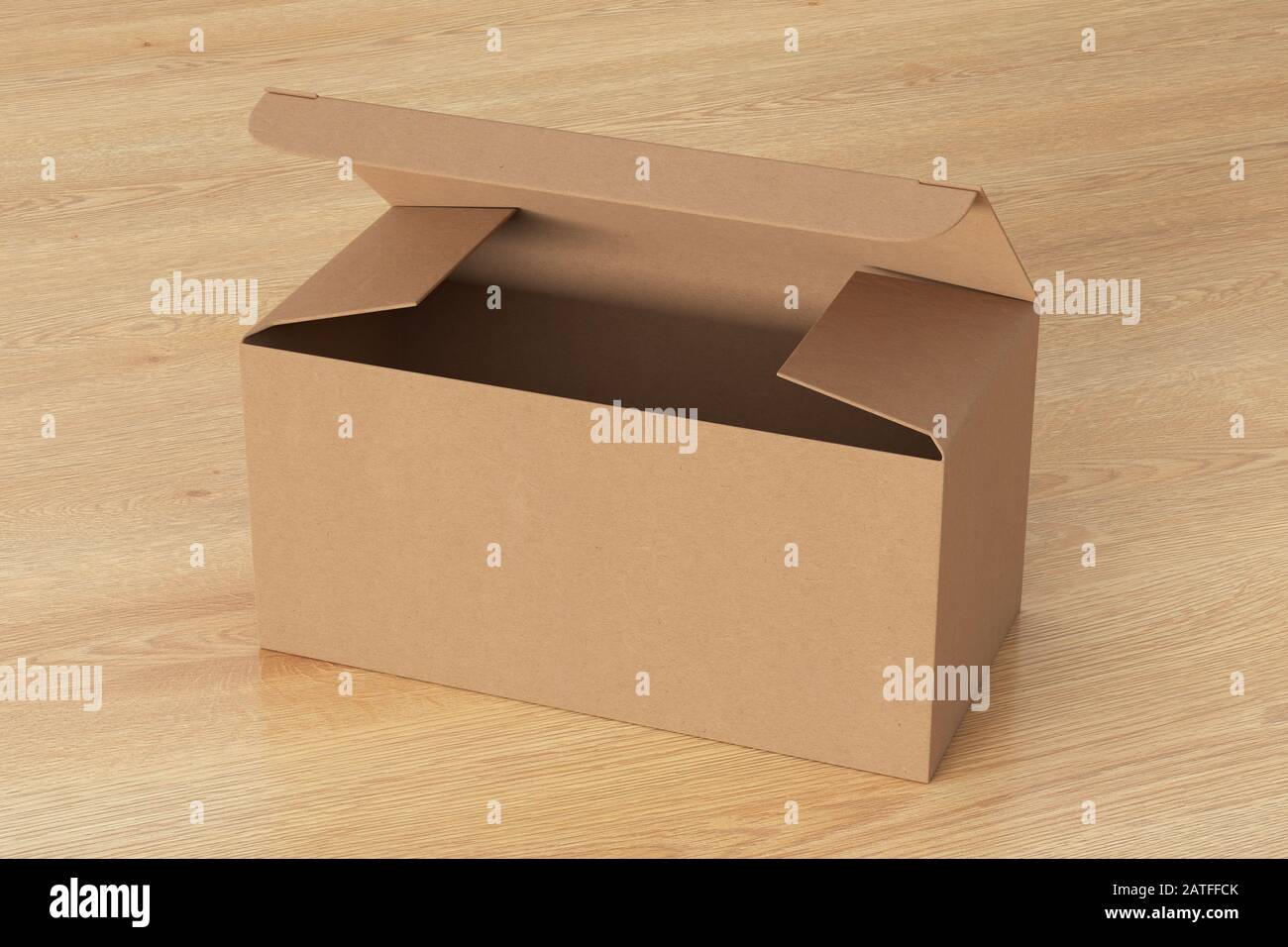 Boîte large en carton vierge avec couvercle à rabat articulé ouvert sur fond en bois. Chemin de détourage autour de la maquette de boîte Banque D'Images