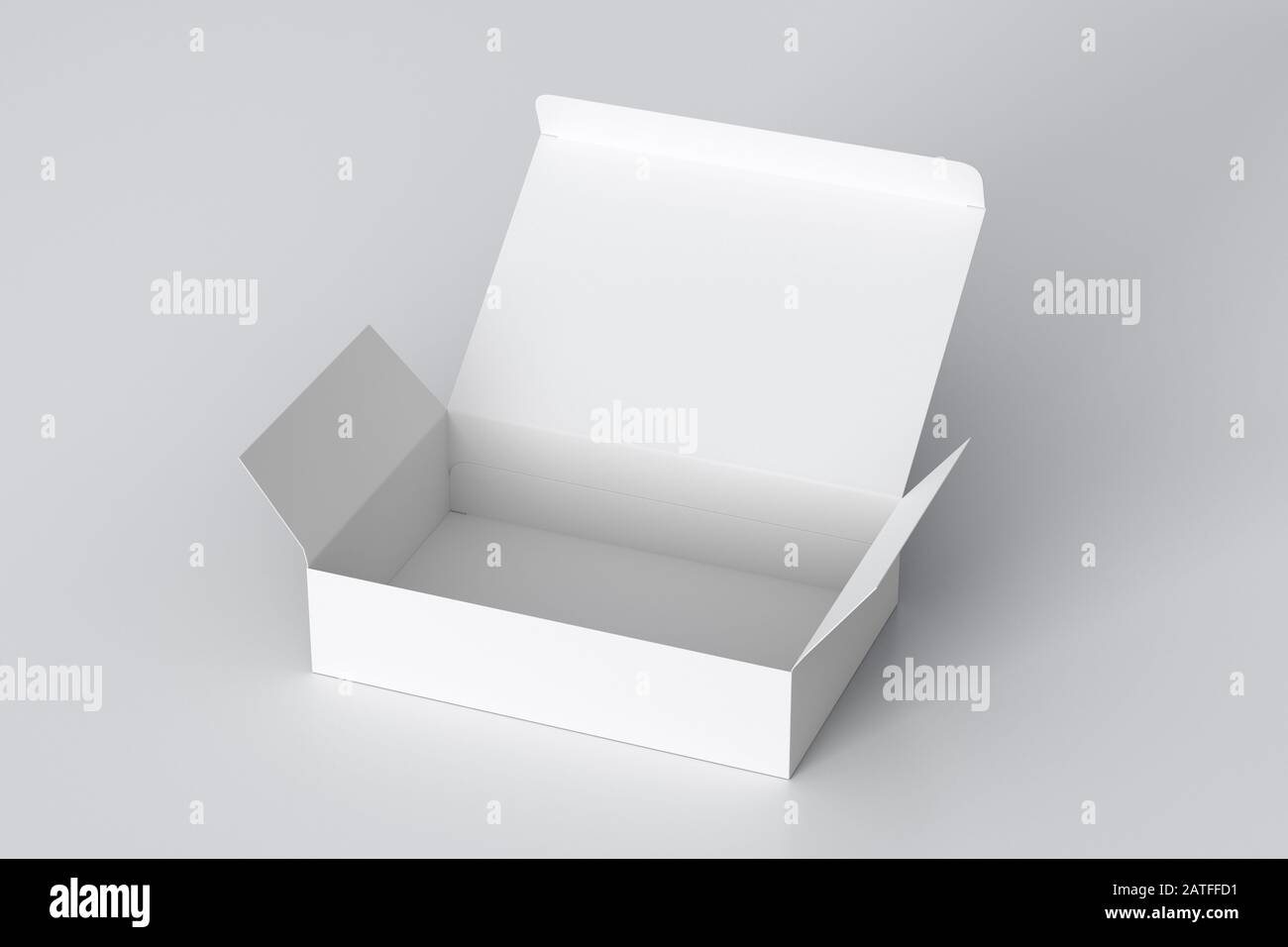 Boîte plate large blanche vierge avec couvercle à rabat ouvert sur fond blanc. Chemin de détourage autour de la maquette de boîte Banque D'Images