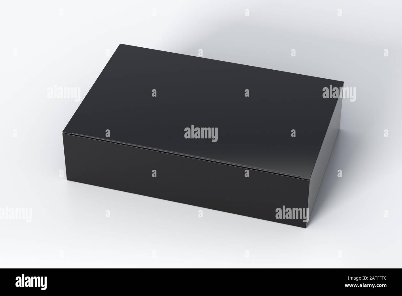 Boîte plate large noire vierge avec couvercle rabattable fermé sur fond blanc. Chemin de détourage autour de la maquette de boîte Banque D'Images