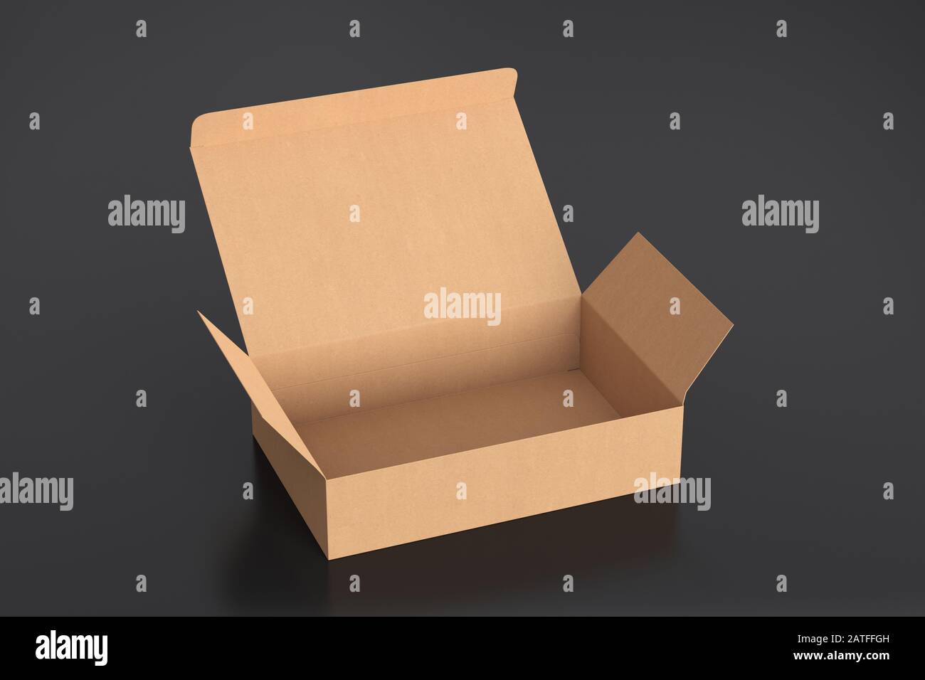 Boîte plate large en carton vierge avec couvercle à rabat ouvert sur fond noir. Chemin de détourage autour de la maquette de boîte Banque D'Images