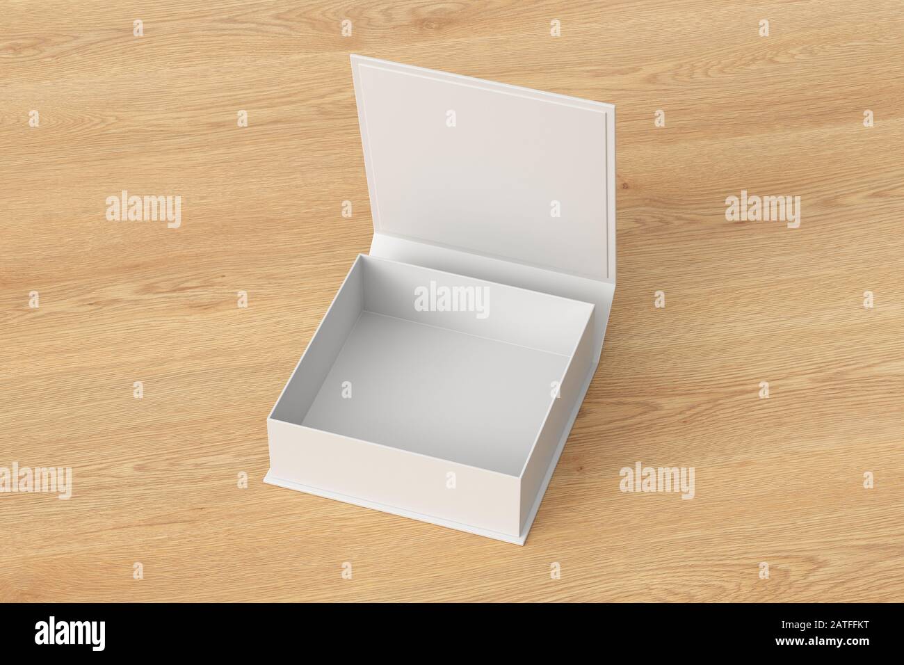 Boîte cadeau carrée blanche et plate avec couvercle à rabat à charnière  ouvert sur fond en bois. Masque autour de la maquette de la boîte.  illustration tridimensionnelle Photo Stock - Alamy