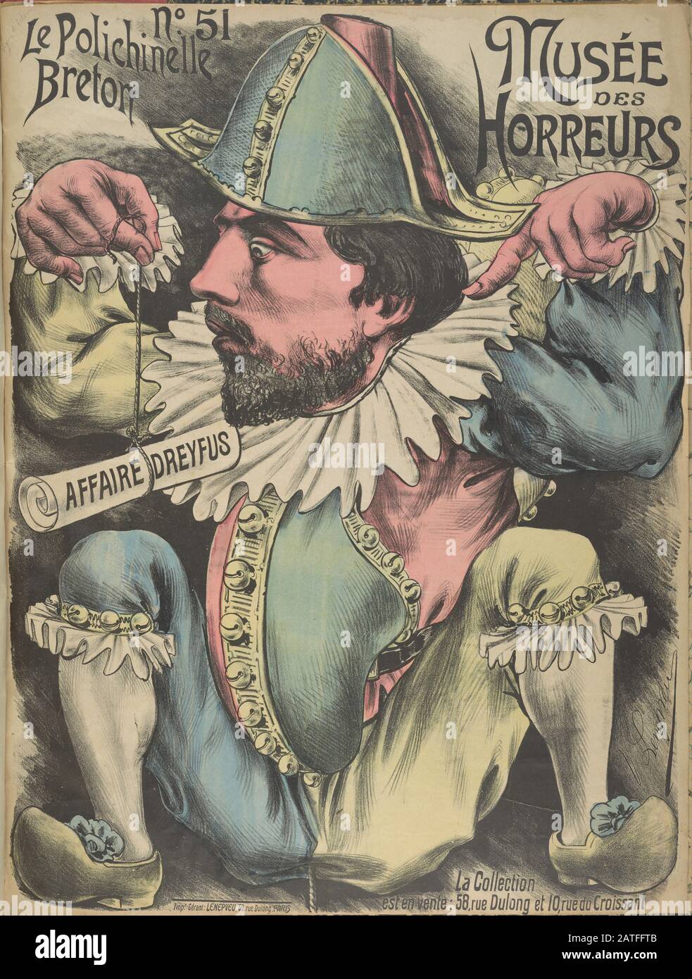 Musée des Horreurs - No. 51 le Polishinelle Breton - 1900 - Lenepveu, V. - Caricature d'un homme non identifié vêtu d'un clown portant un rouleau marqué 'Dreyfus Affair.' De couleur Manuelle. Banque D'Images
