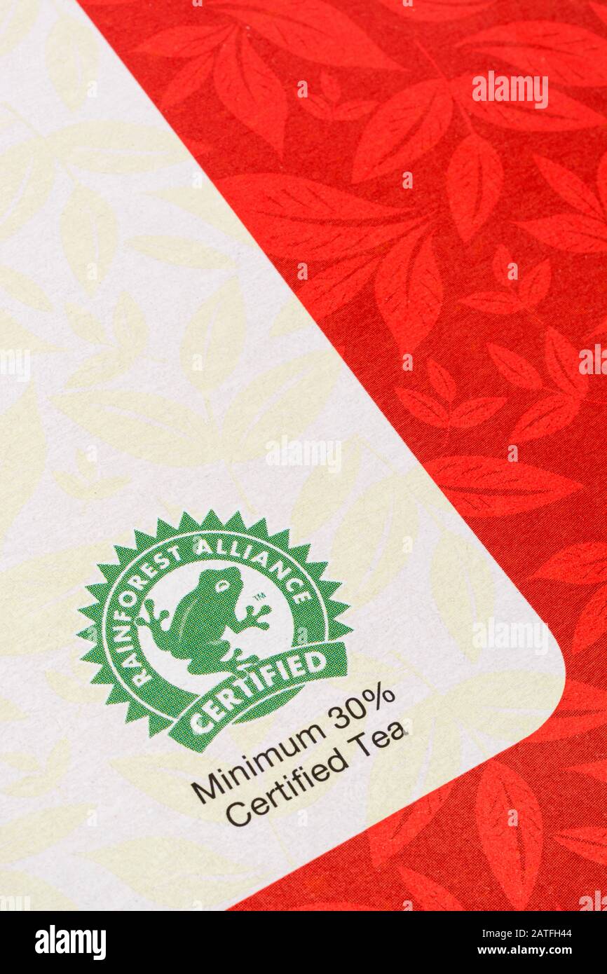 Logo Rainforest Alliance Green Frog sur la boîte à thé ASDA. Métaphore pour l'agriculture durable, la conservation des forêts tropicales, les produits forestiers, les produits tropicaux Banque D'Images