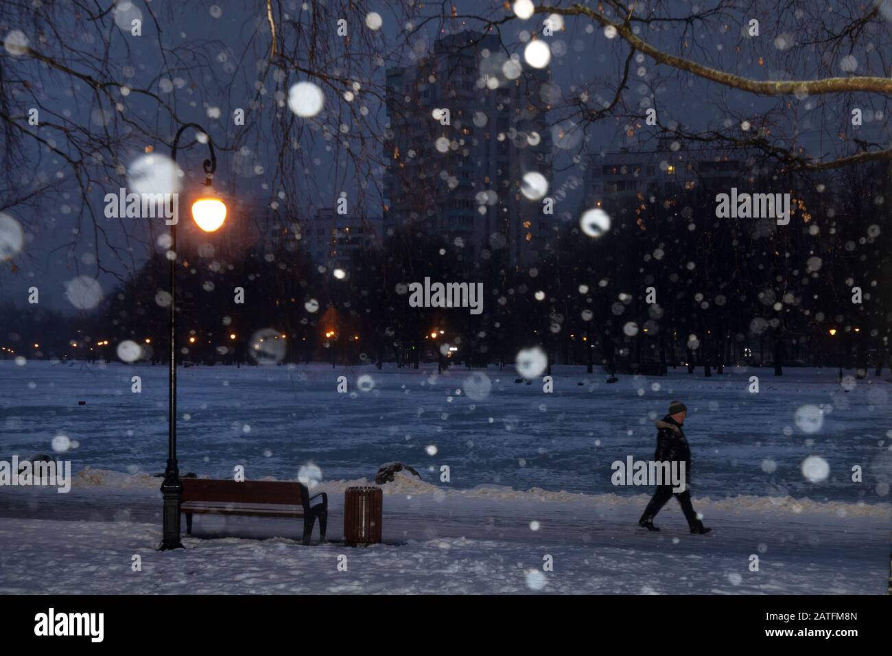 Un homme marchant dans un parc pendant une forte chute de neige en soirée dans une banlieue de la ville de Moscou, en Russie Banque D'Images