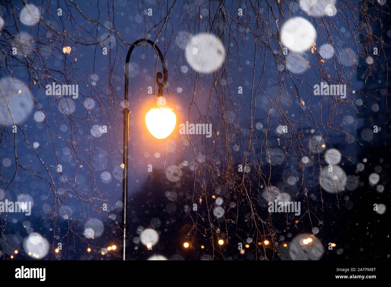 Vue sur une seule lanterne illuminante dans le parc lors d'une forte chute de neige Banque D'Images