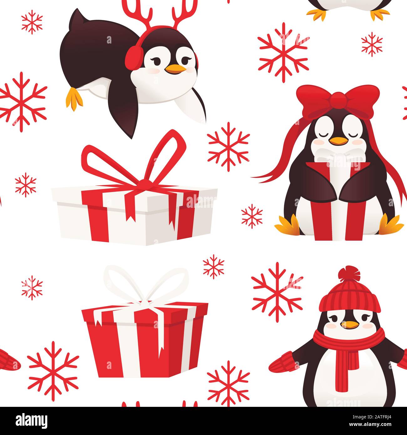 Illustration sans couture des pingouins avec des boîtes cadeaux et des flocons de neige dessin animé animal mignon illustration vectorielle plate Illustration de Vecteur