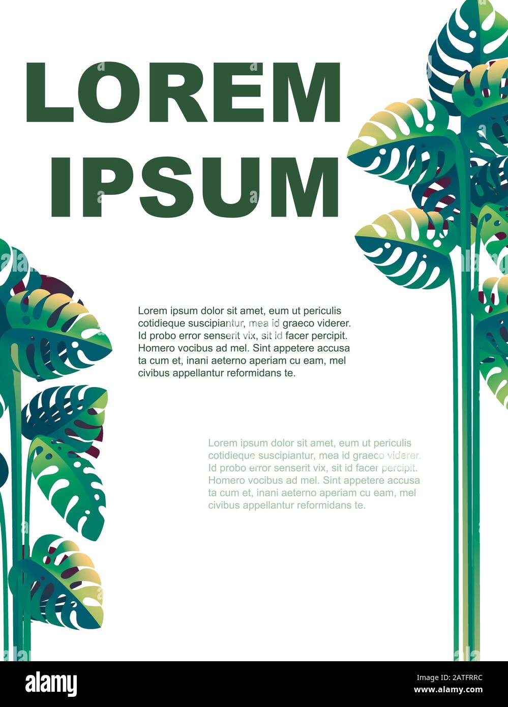 Carte de vœux ou flyer avec feuilles tropicales vertes illustration verticale vectorielle plate sur fond blanc. Illustration de Vecteur