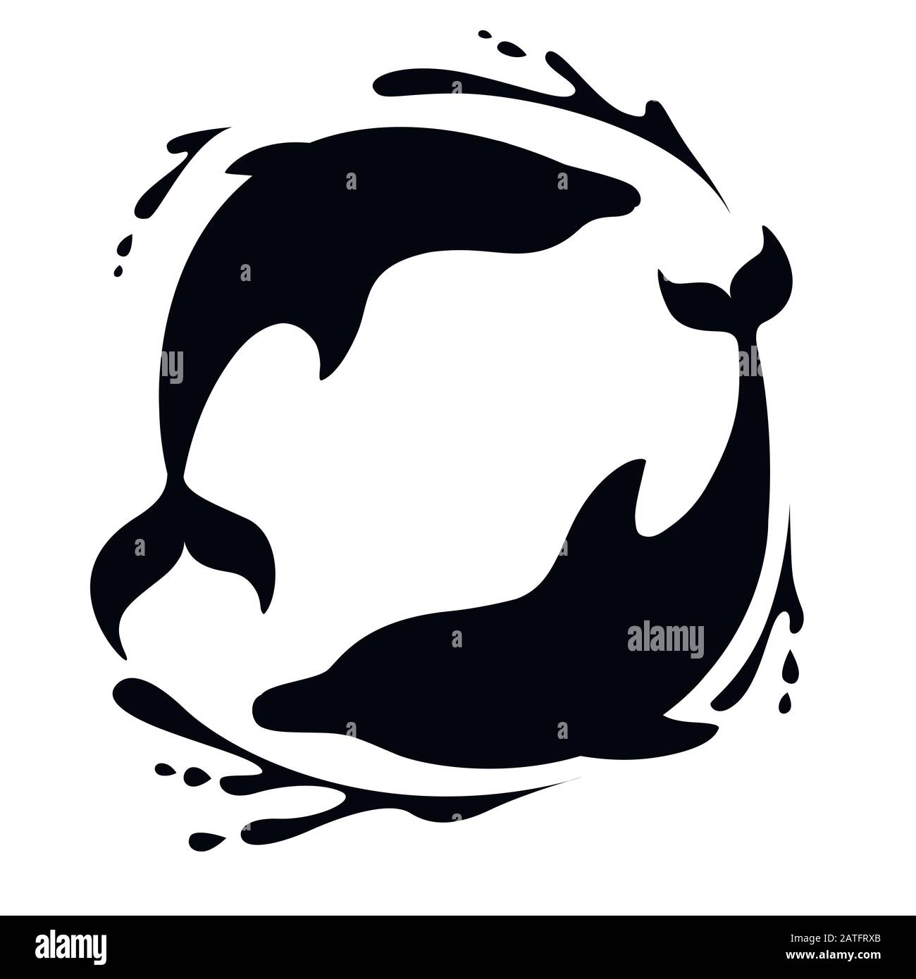 Silhouette noire deux dauphins jouant dans le logo de l'eau concept dessin dessin animé animal plate illustration vectorielle sur fond blanc Illustration de Vecteur