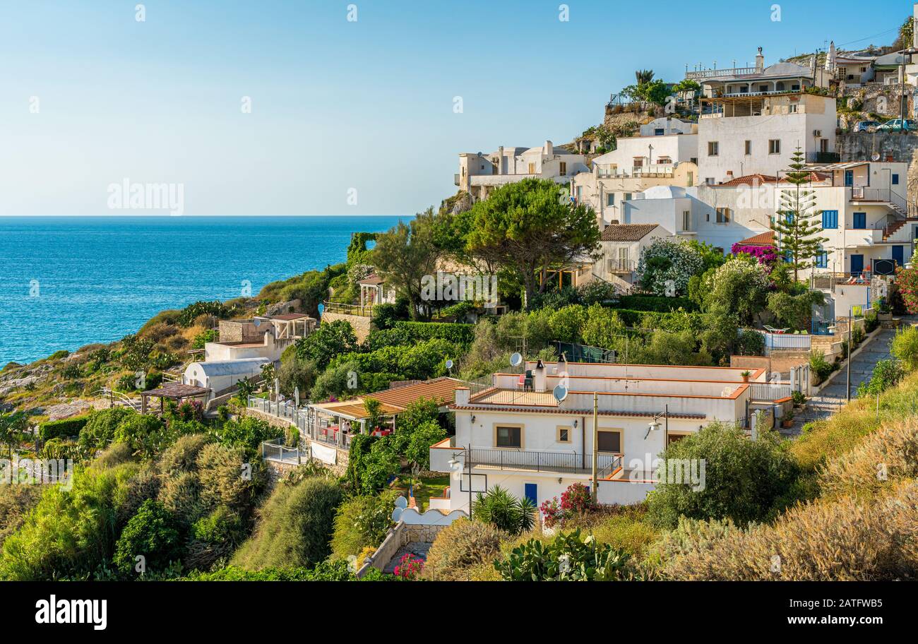 Vue en fin d'après-midi à Peschici, beau village dans la région du Gargano des Pouilles (Pouilles), Italie. Banque D'Images